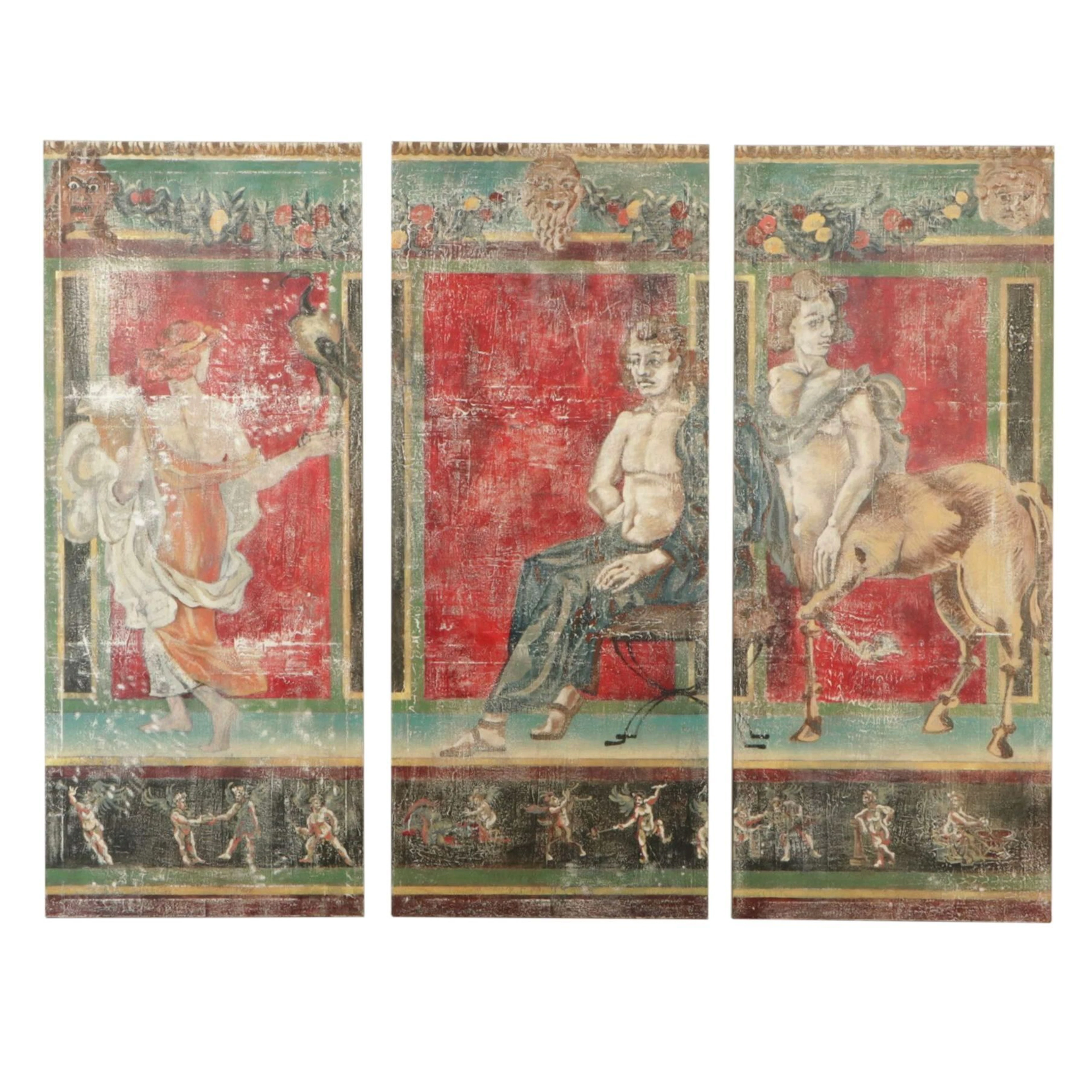 Pompeii Fresco-Inspired Oil Triptych Painting, Mid-20th Century
