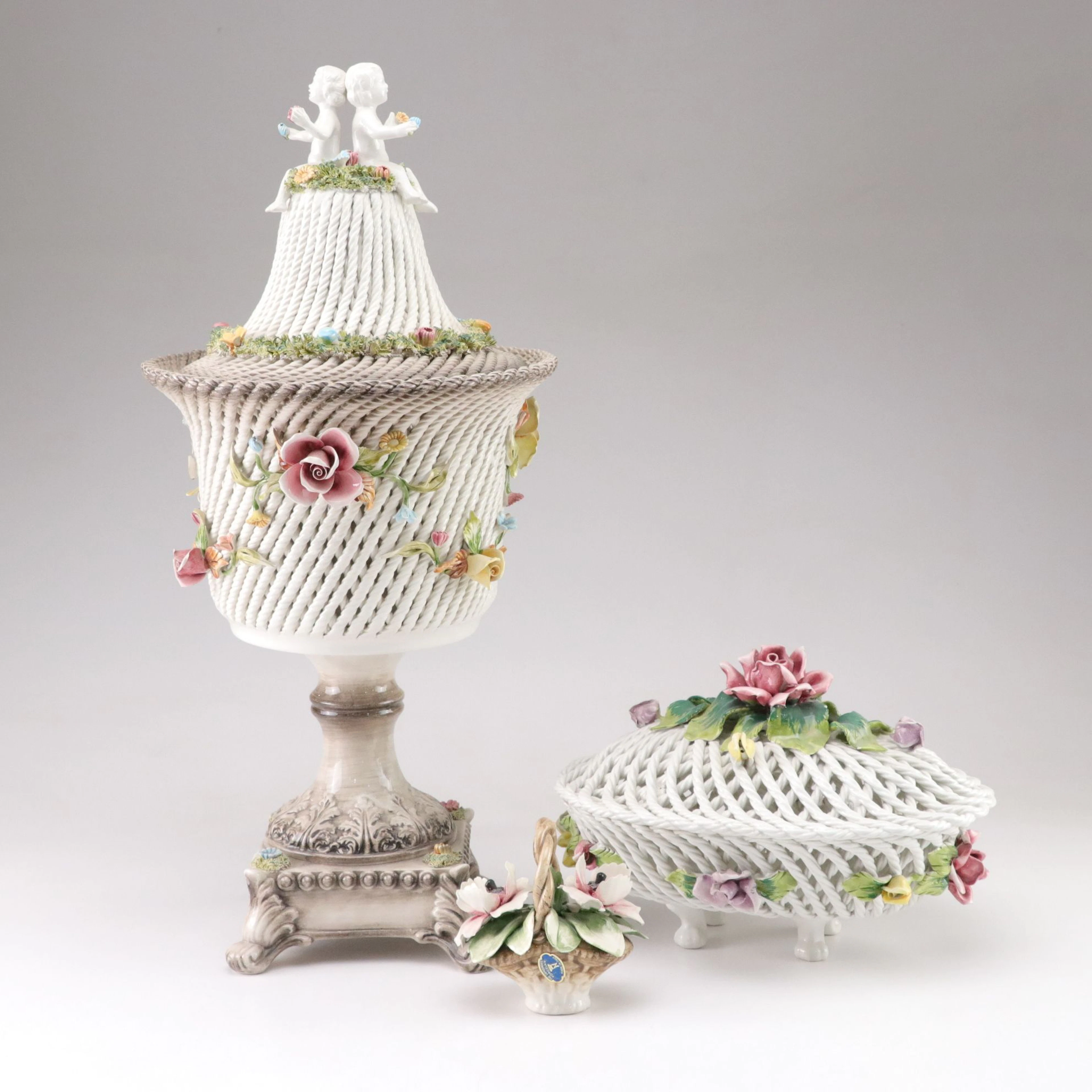 Capodimonte Woven Porcelain Centerpiece Baskets with Cherub and Applied Flowers