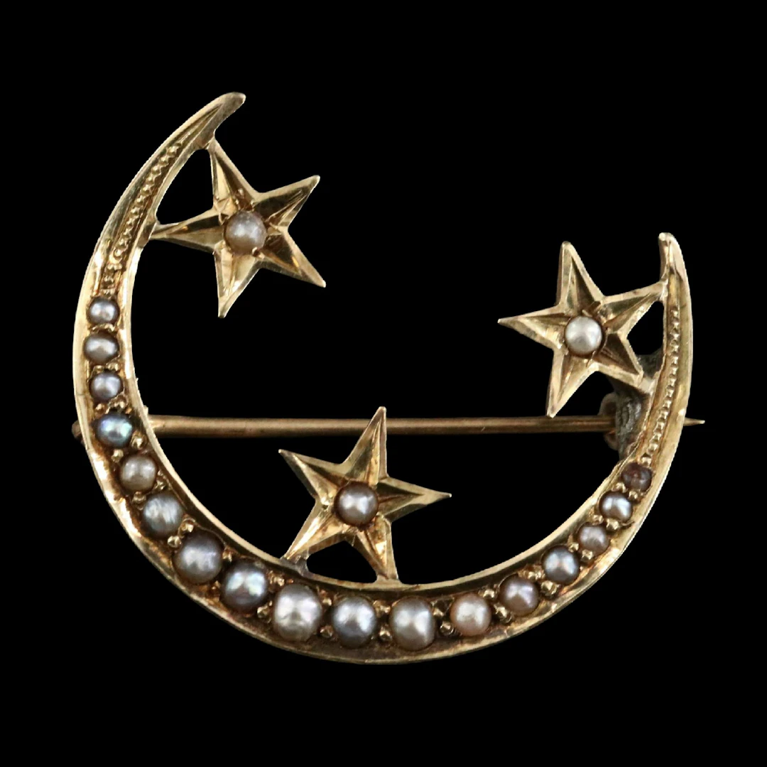 Early 1900s 14K Crescent Moon & Stars Pin with Seed Pearls