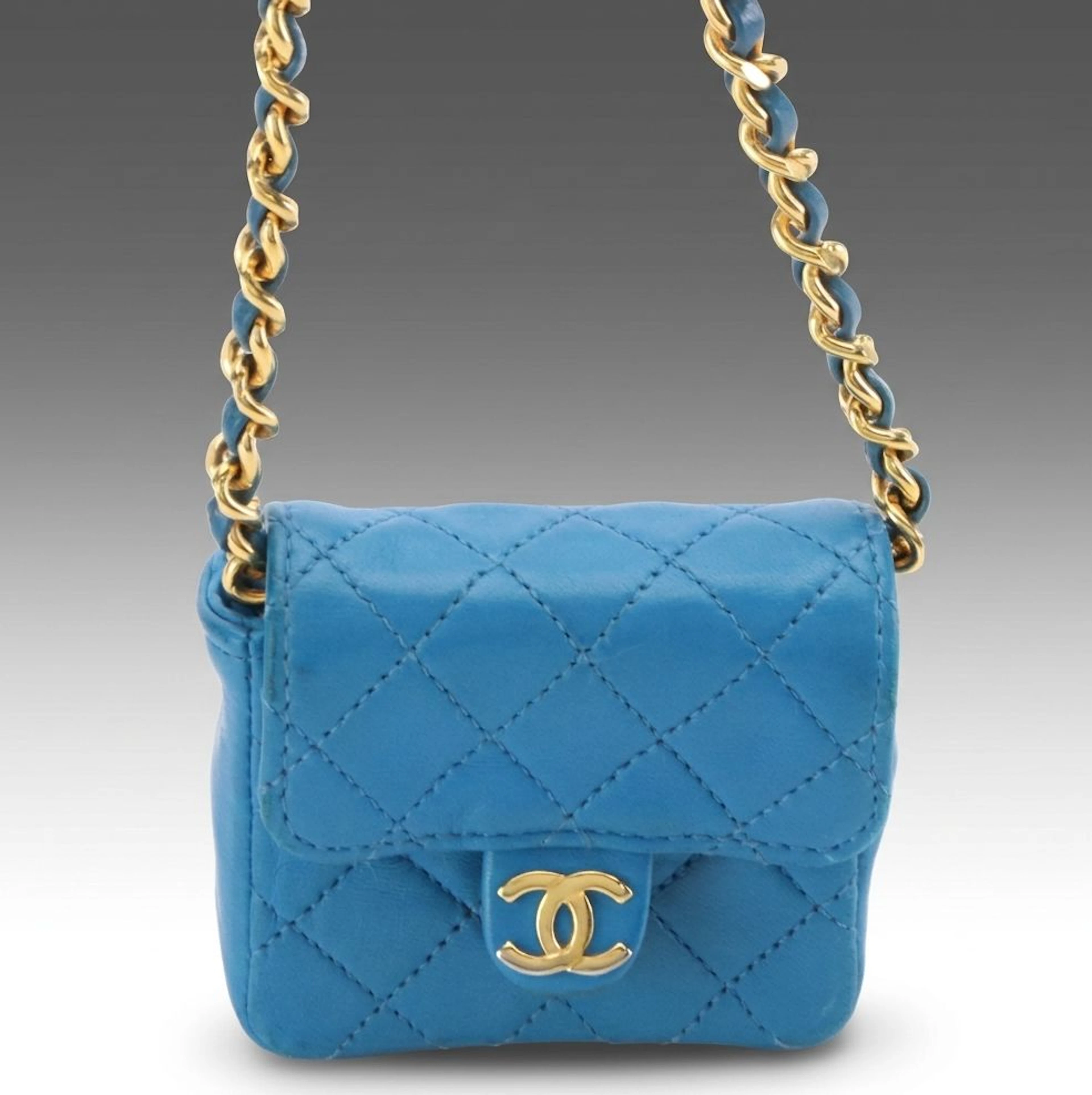 Chanel Micro Flap Chain Crossbody Bag in Blue Quilted Lambskin Leather with Box
