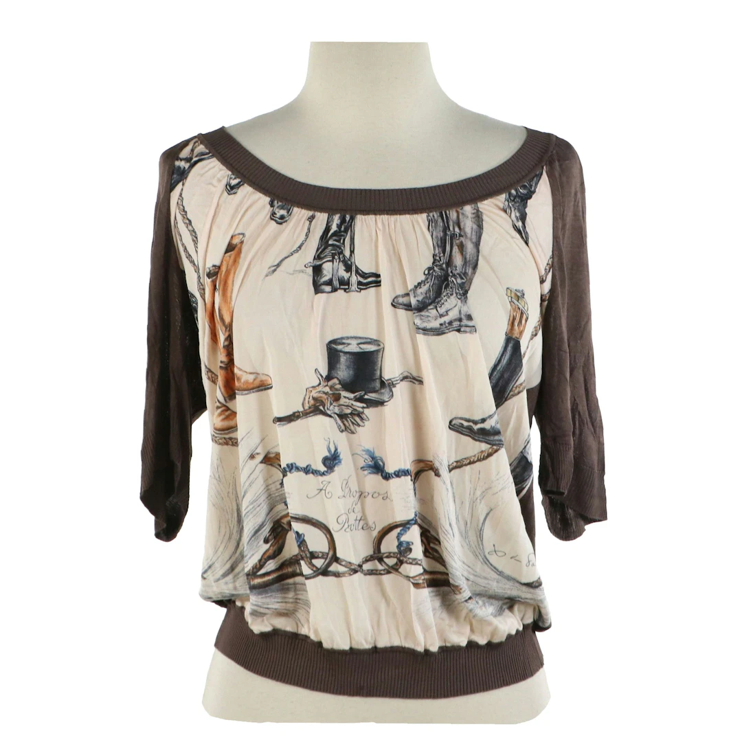 Hermès "A Propos de Bottes" Printed Silk Short Sleeve Top
