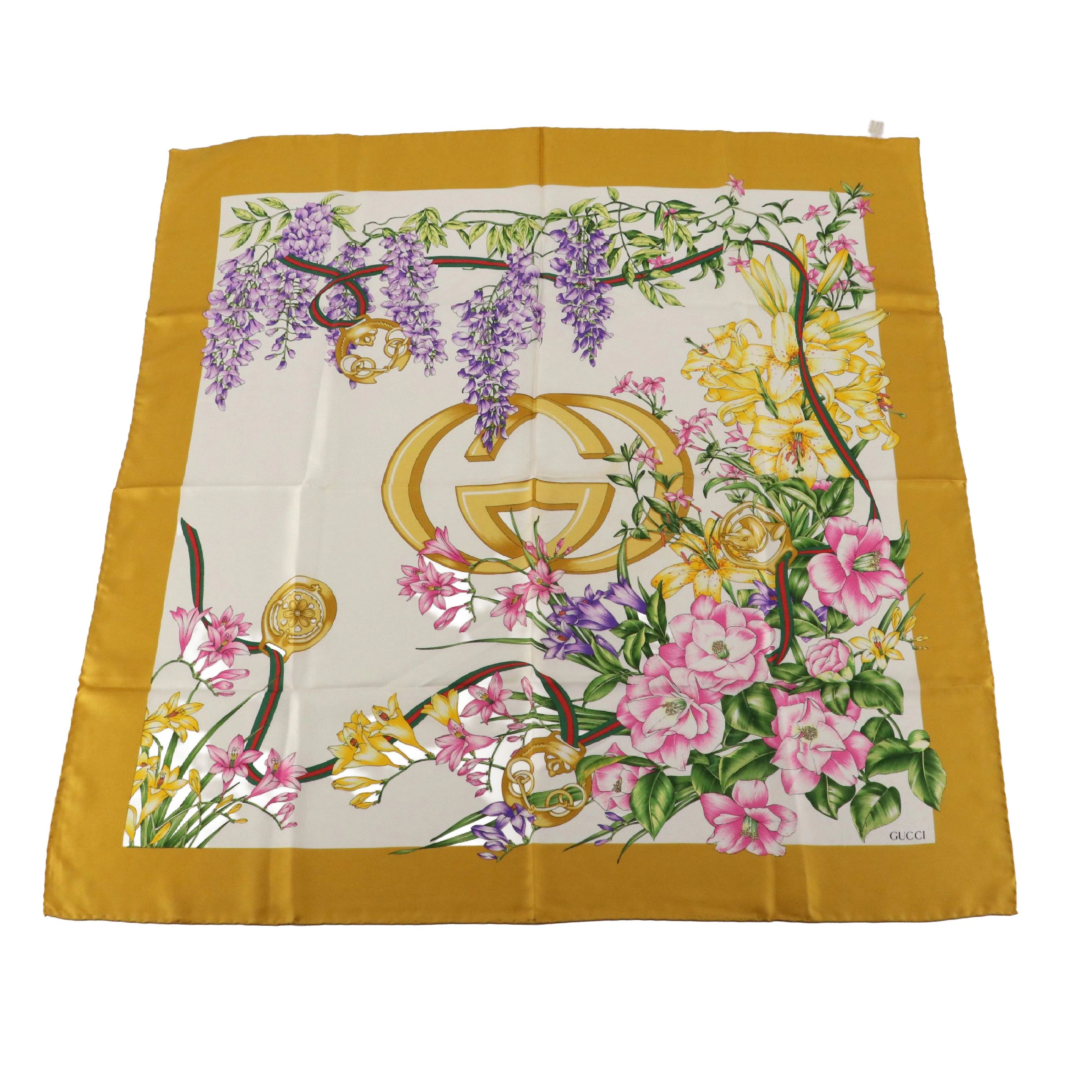 Gucci Interlocking GG Floral Scarf in Silk Twill, Vintage