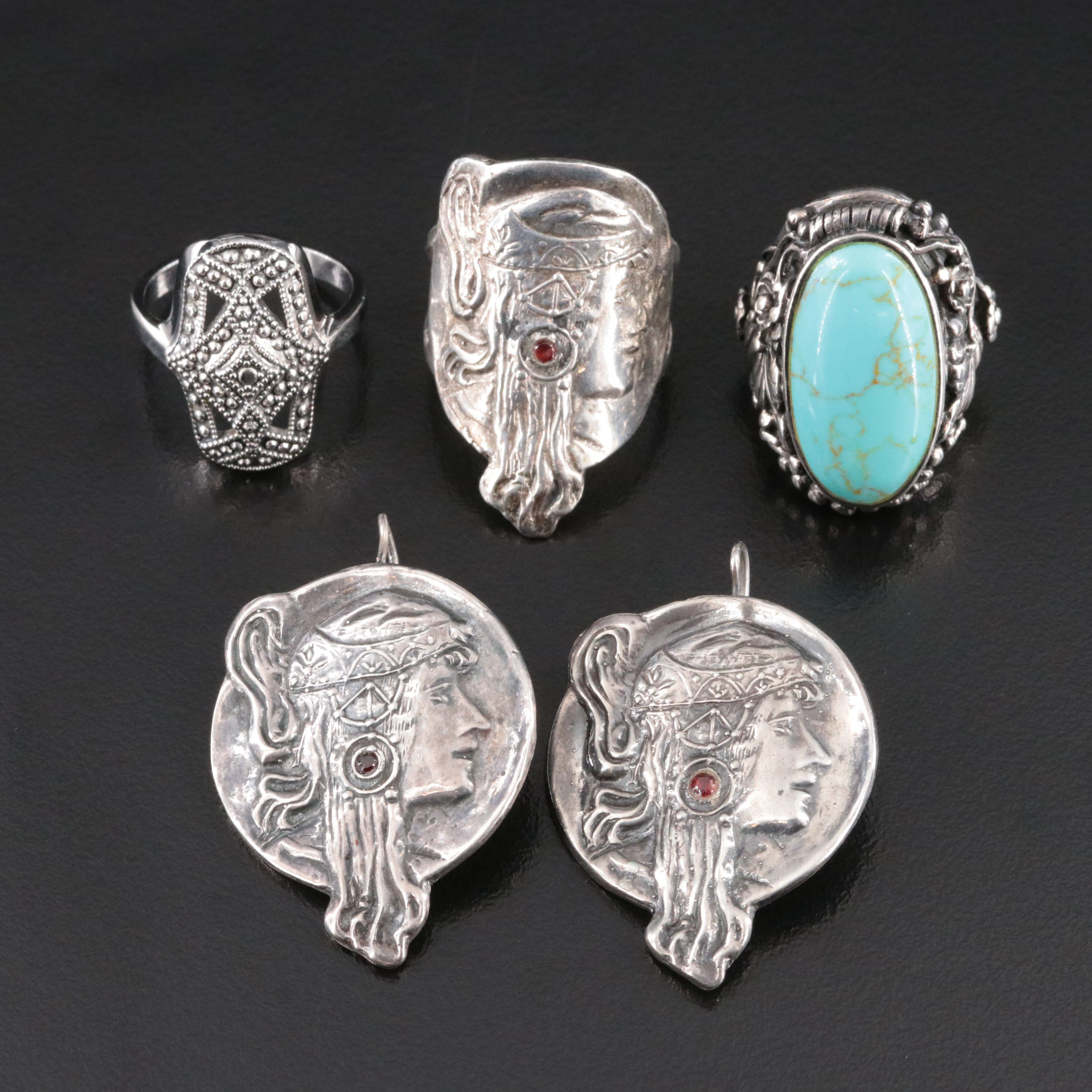 Sterling Art Nouveau Style, Garnet & Turquoise Rings & Earrings