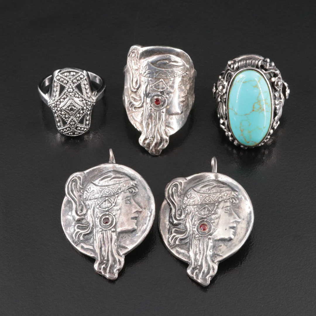 Sterling Art Nouveau Style, Garnet & Turquoise Rings & Earrings