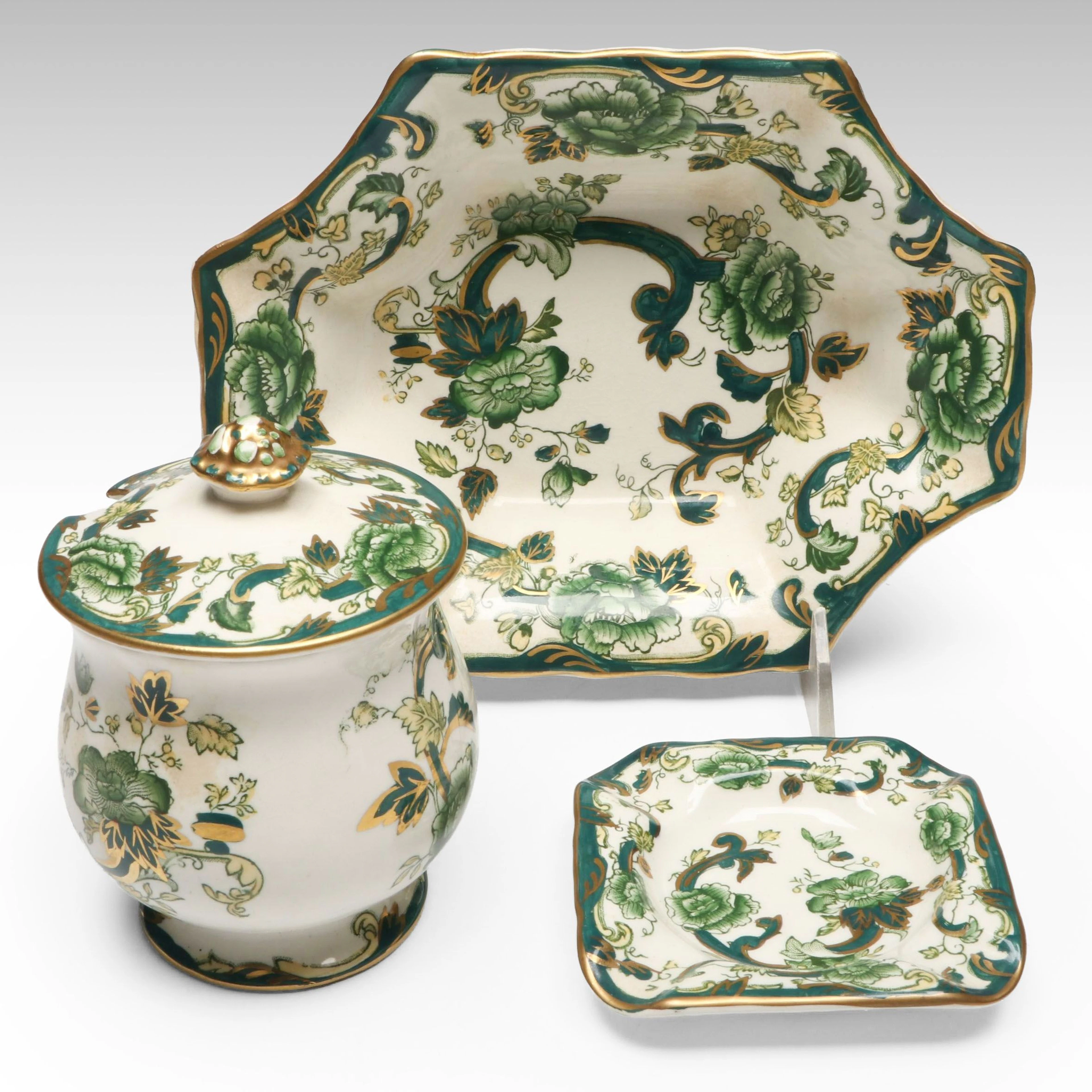 Mason's "Chartreuse" Ironstone Mustard Jar, Ashtray, and Bowl