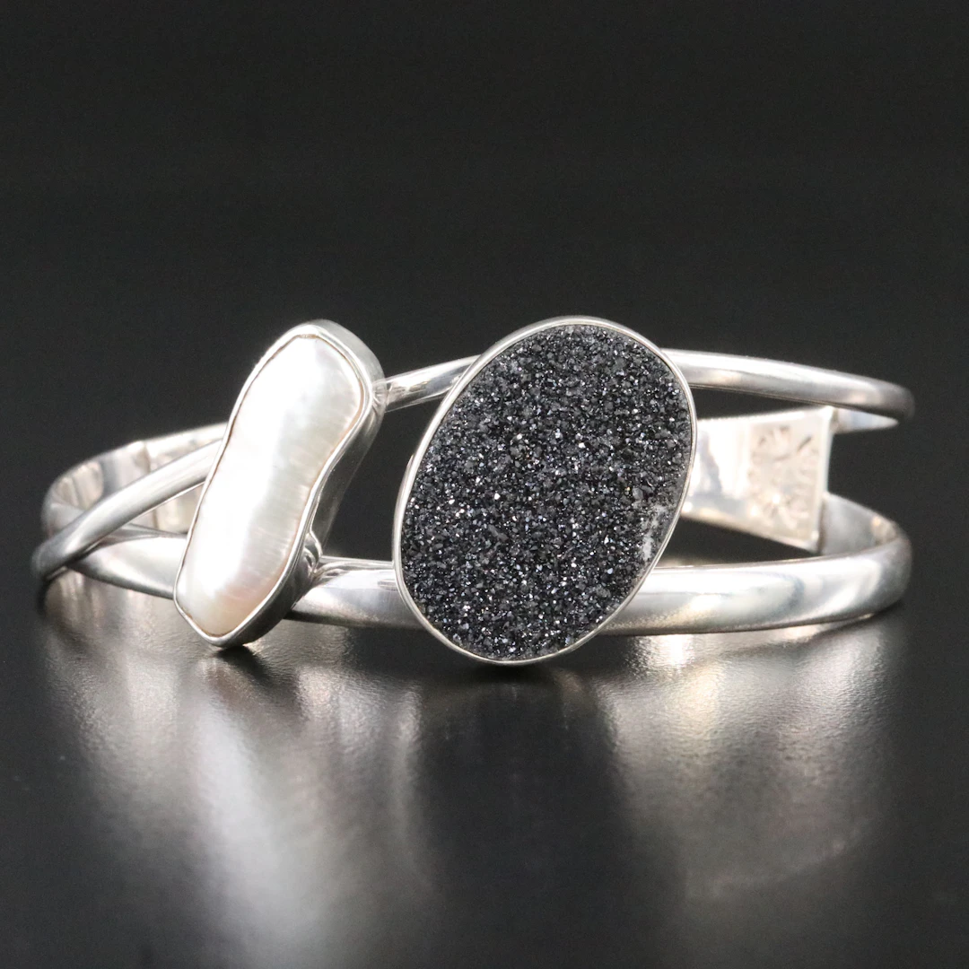 Sterling Druzy and Pearl Cuff Bracelet