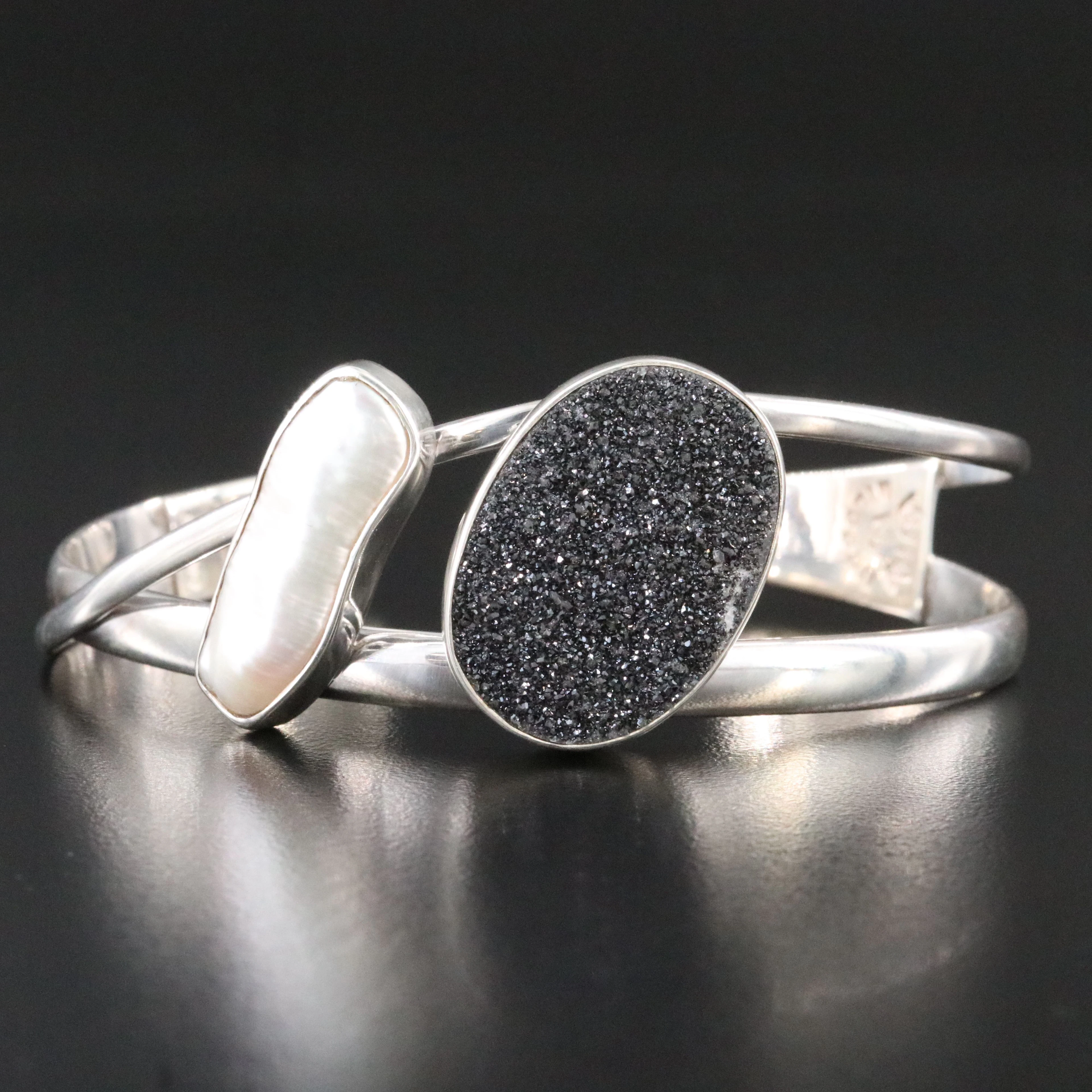 Sterling Druzy and Pearl Cuff Bracelet