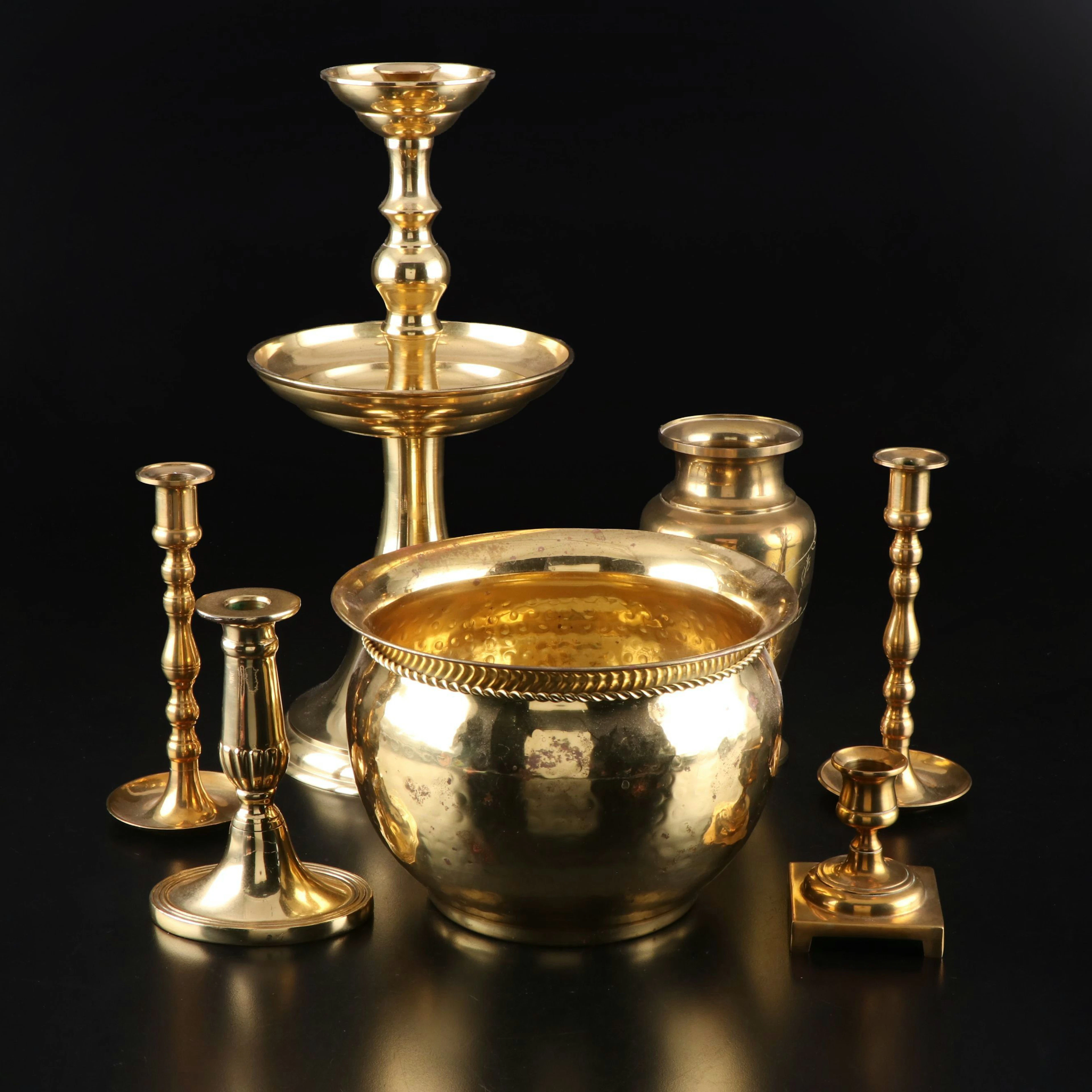 Federal Style Brass Candlesticks with Etched Brass Vase and Hammered Planter