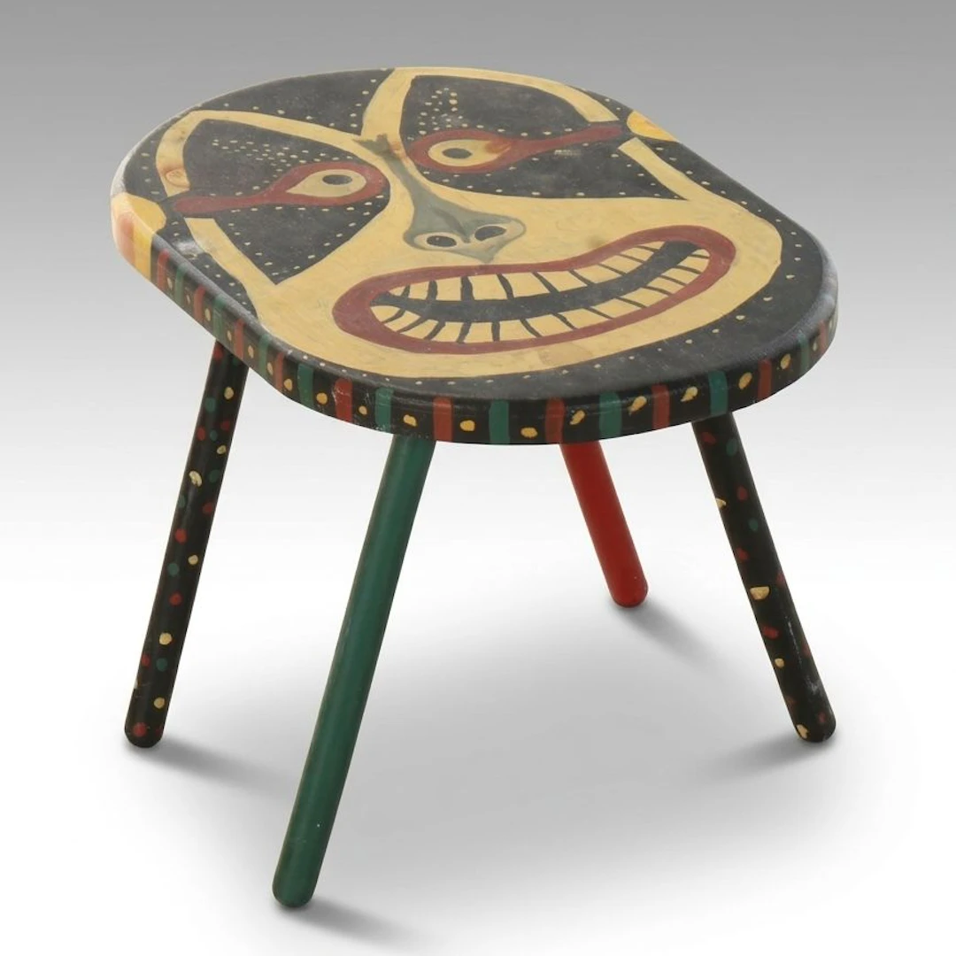 Folk Art Style Painted Wooden Oval Top Stool, 20th Century