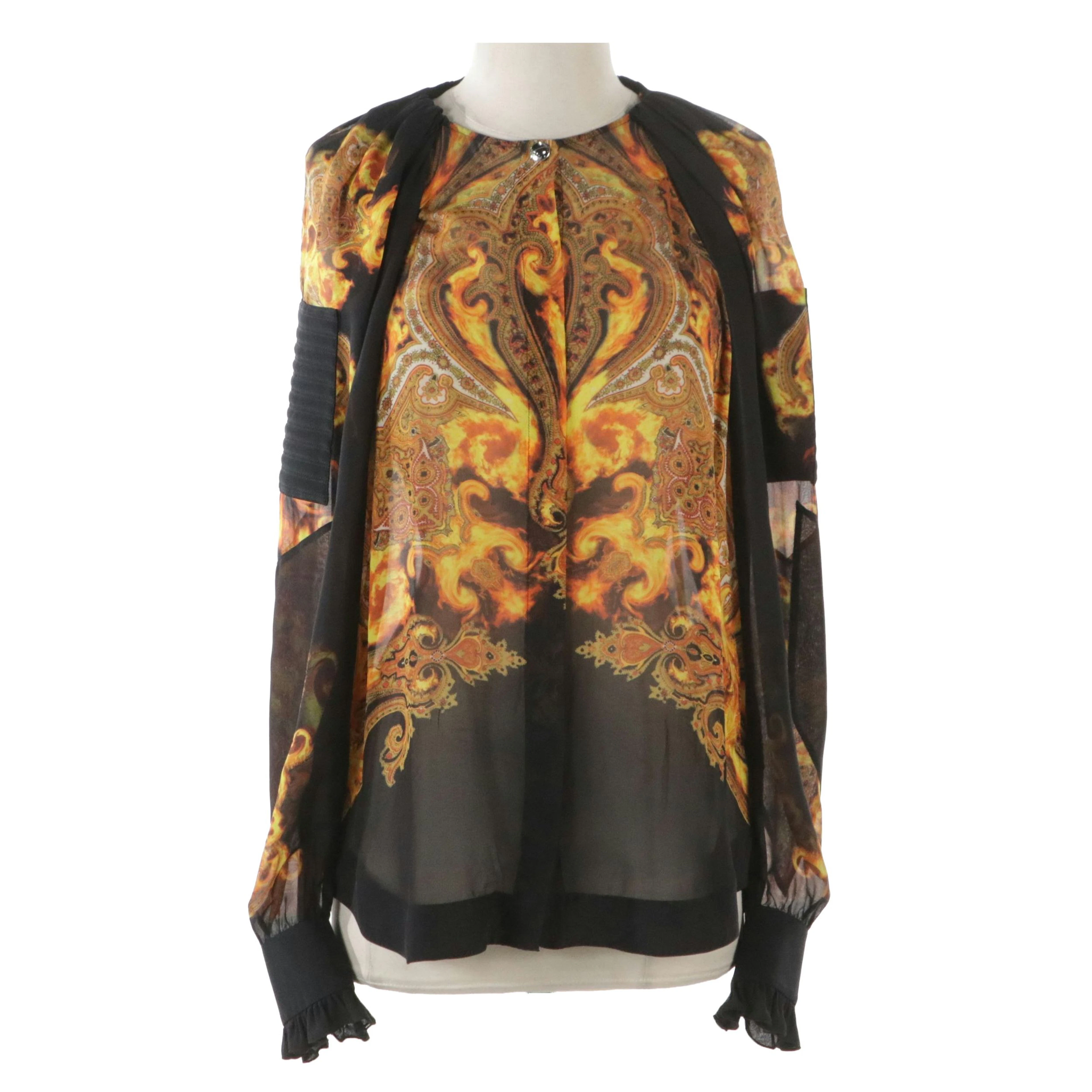 Givenchy Paisley Flame Printed Silk Blouse with Quilted Patch Details