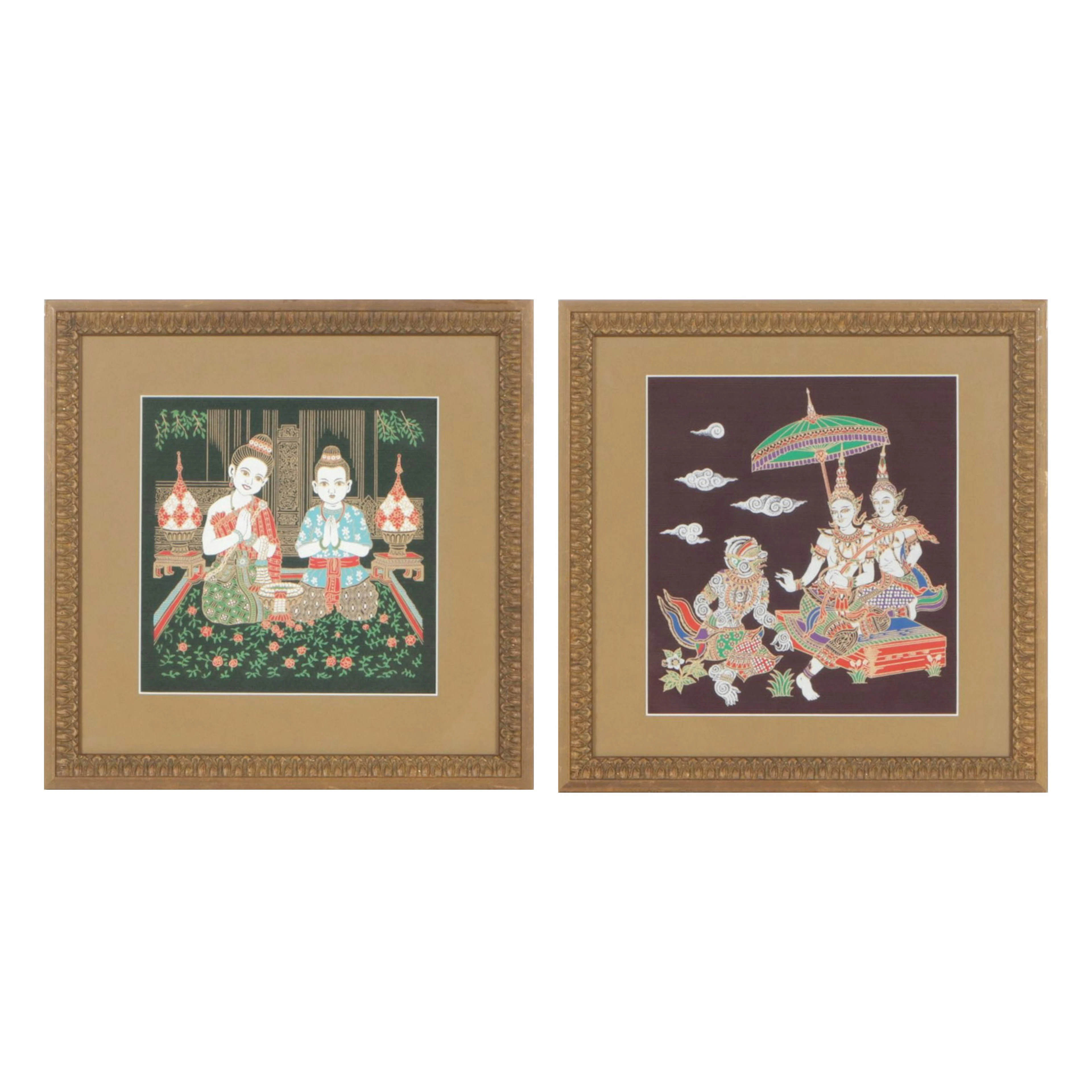 Thai Serigraphs on Silk Featuring Scenes from the "Ramayana"
