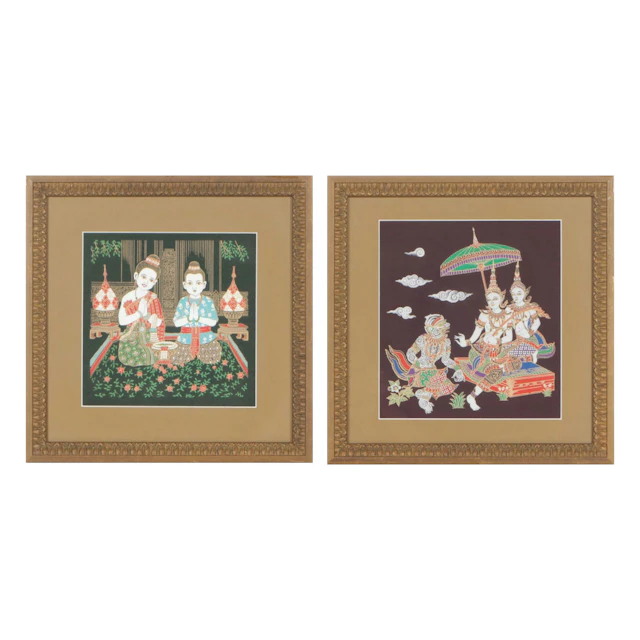 Thai Serigraphs on Silk Featuring Scenes from the "Ramayana"