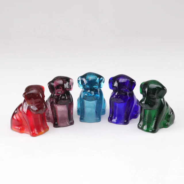 Degenhart Uranium and Colored Glass "Pooch" Dog Figurines