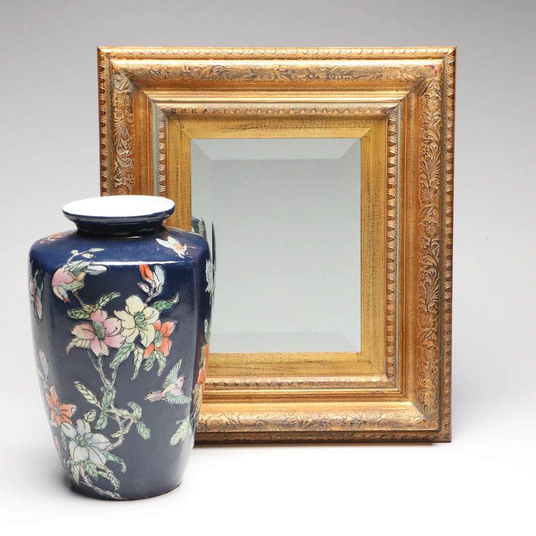 Giltwood Accent Mirror with Chinese Porcelain Ginger Jar Vase
