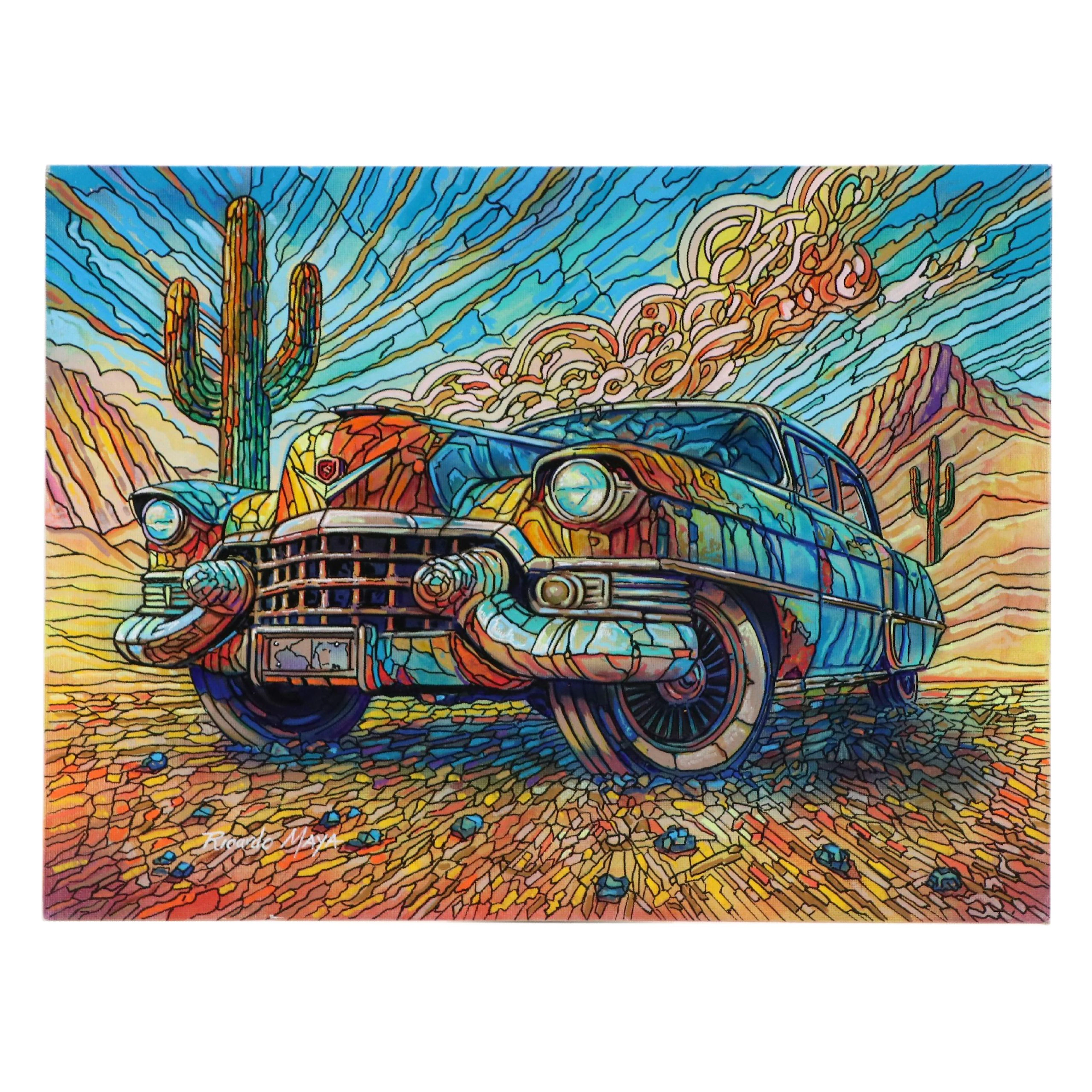 Ricardo Maya Stylized Southwestern Acrylic Painting of a Cadillac