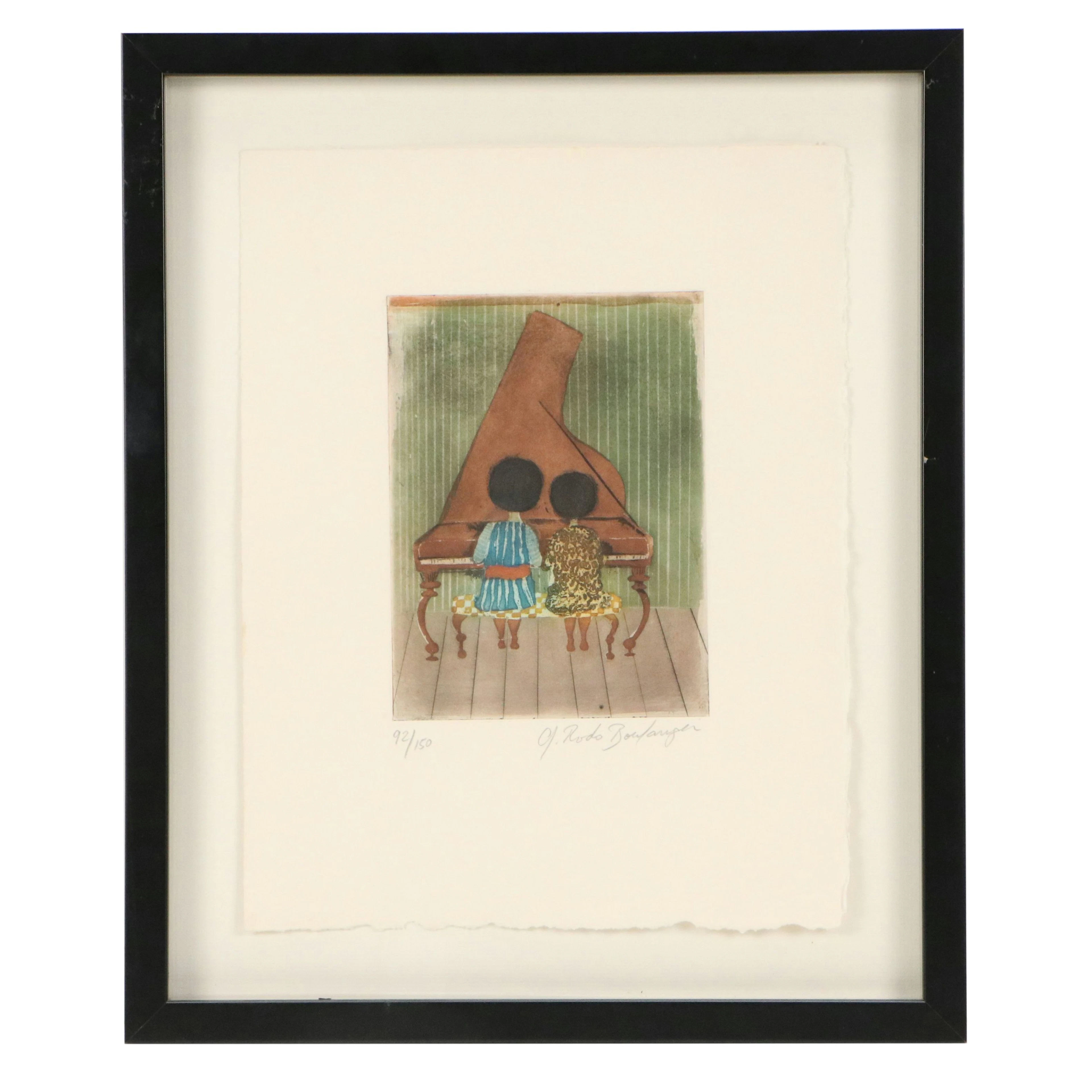 Graciela Rodo Boulanger Etching of Children Playing Piano, Late 20th Century