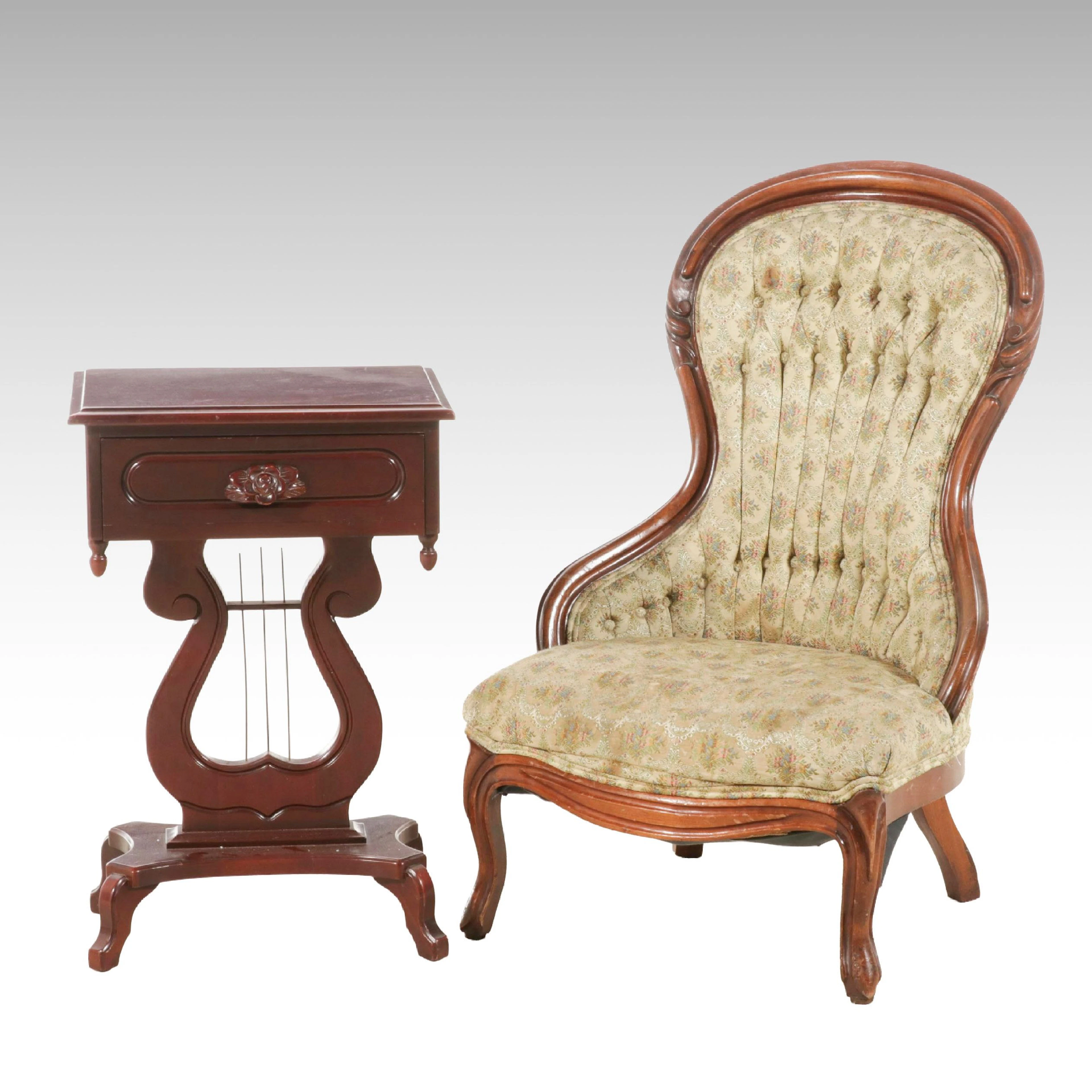 Victorian Style Tufted Sewing Chair and Lyre Base Side Table