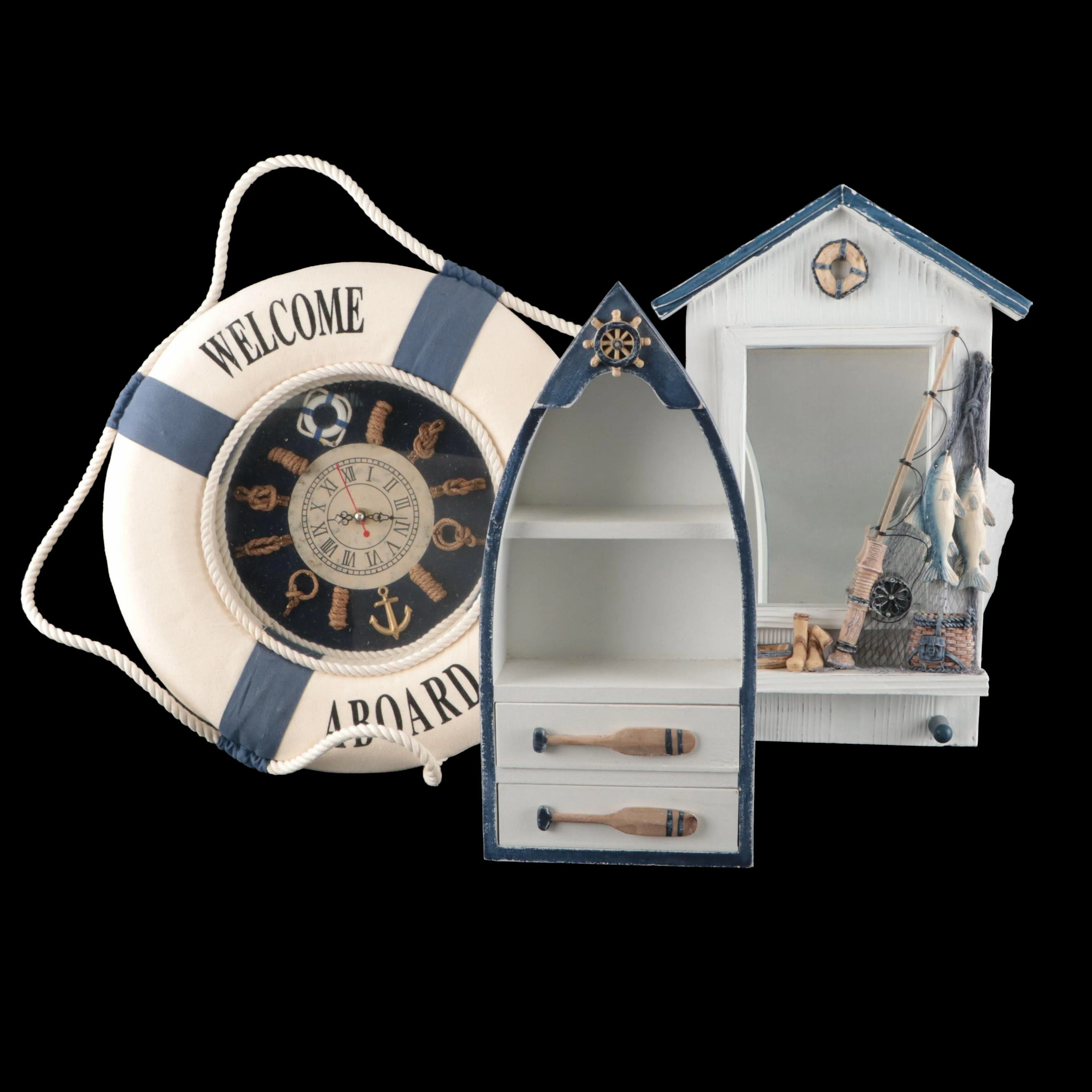 Nautical Style Life Ring Wall Clock with Wood Mirror and Wall Hanging Décor