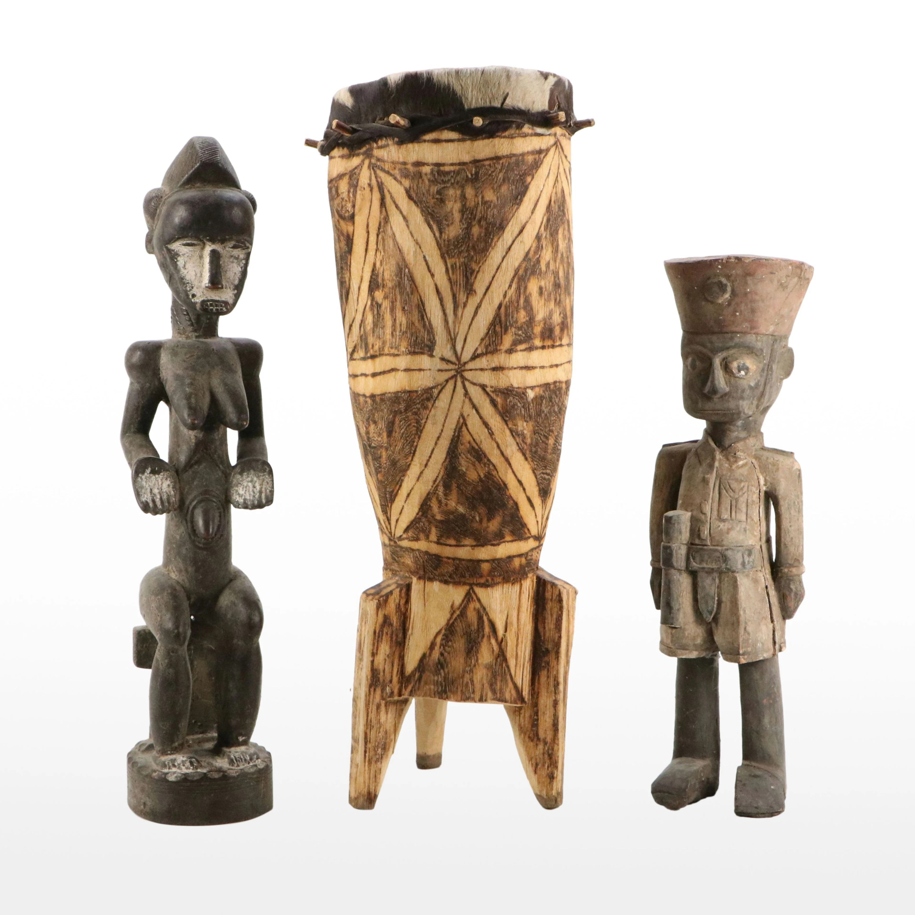 African Hand-Carved Wooden Drum with Cowhide and Figural Sculptures