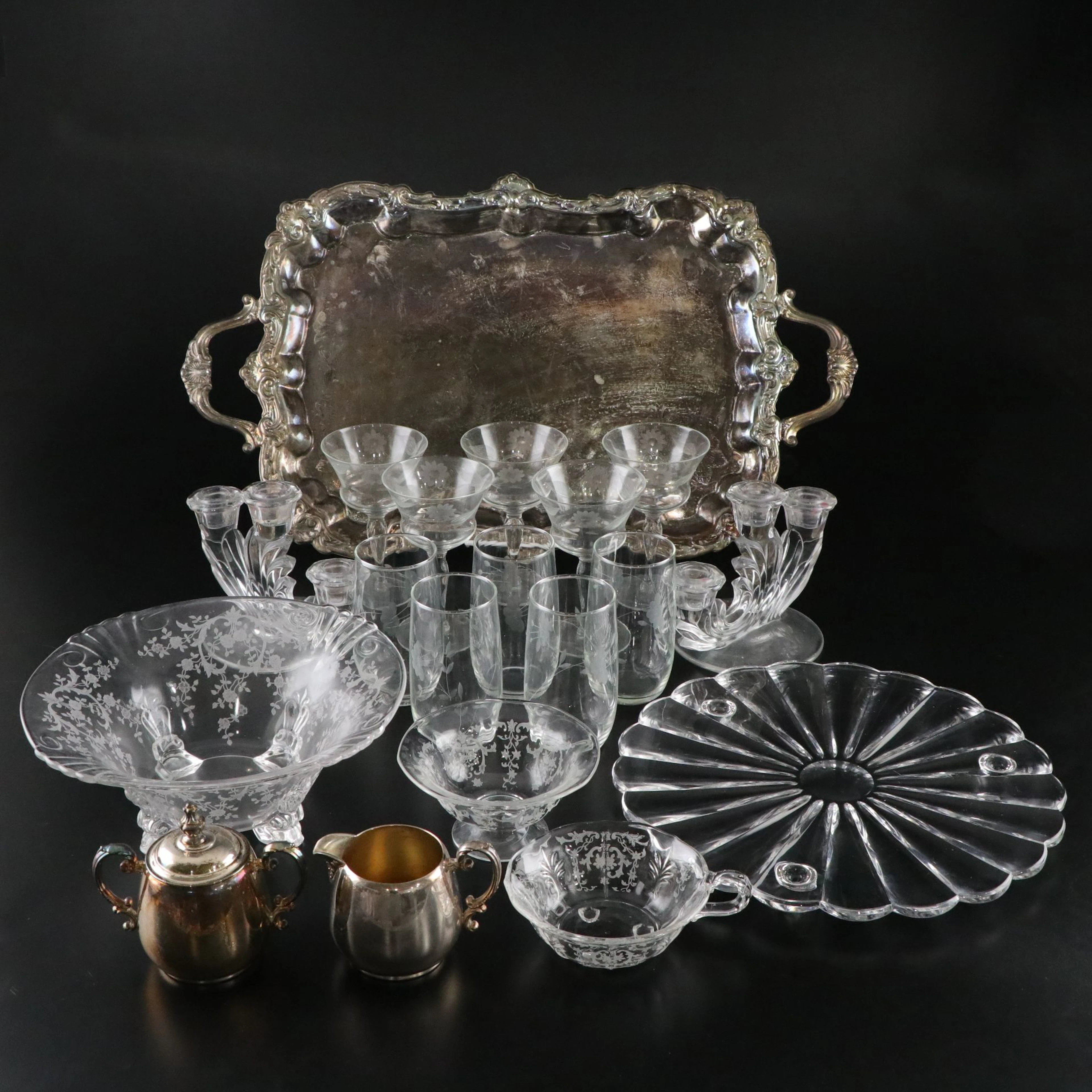 International Silver Serving Tray with WM Rogers Sugar and Cream, Cups, & More