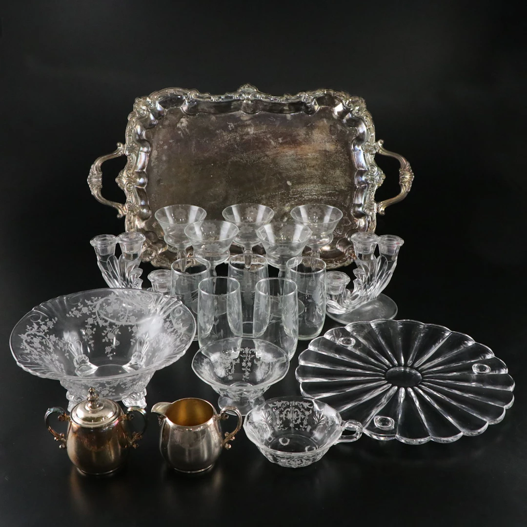 International Silver Serving Tray with WM Rogers Sugar and Cream, Cups, & More