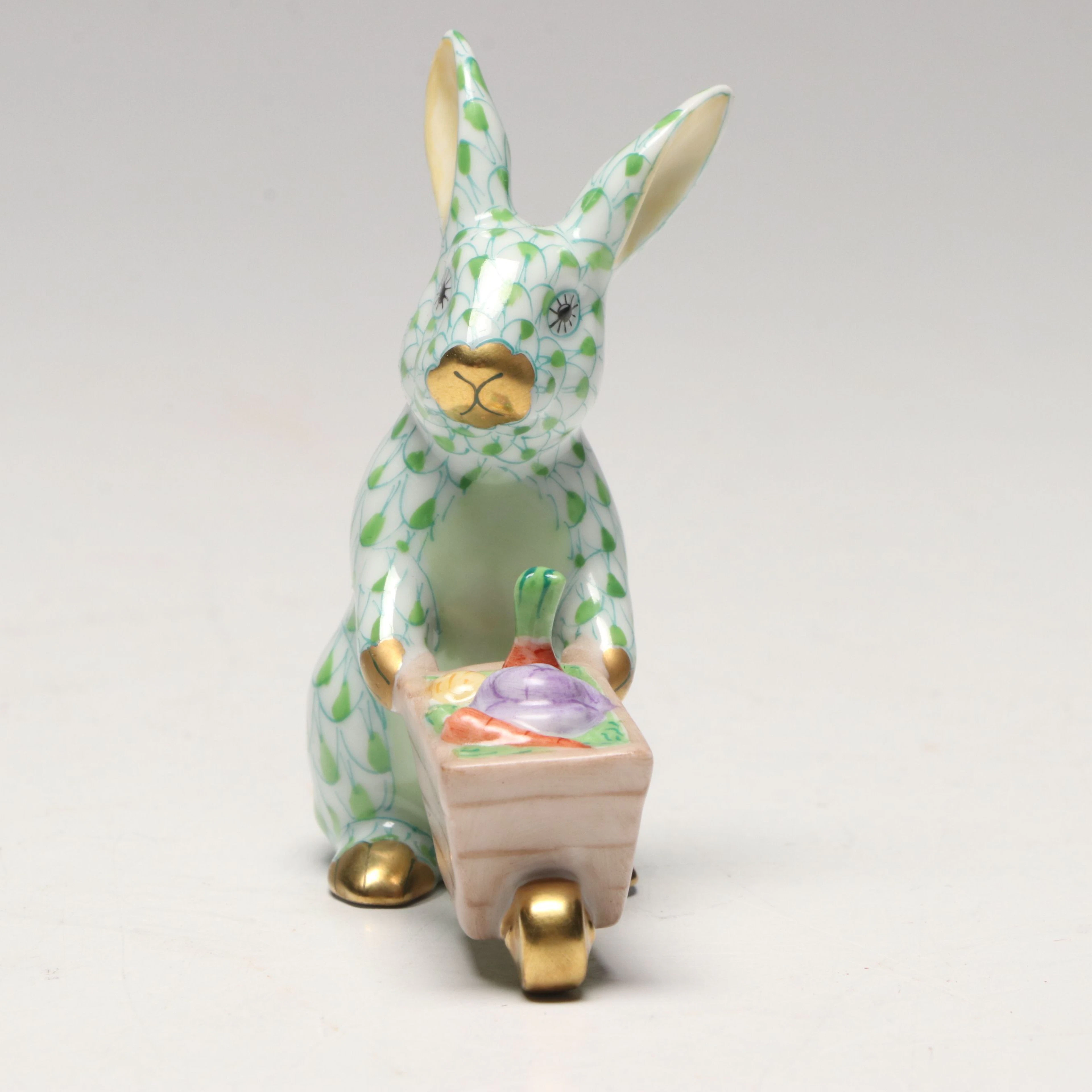 Herend "Wheelbarrow Bunny" Keylime Fishnet Porcelain Figurine