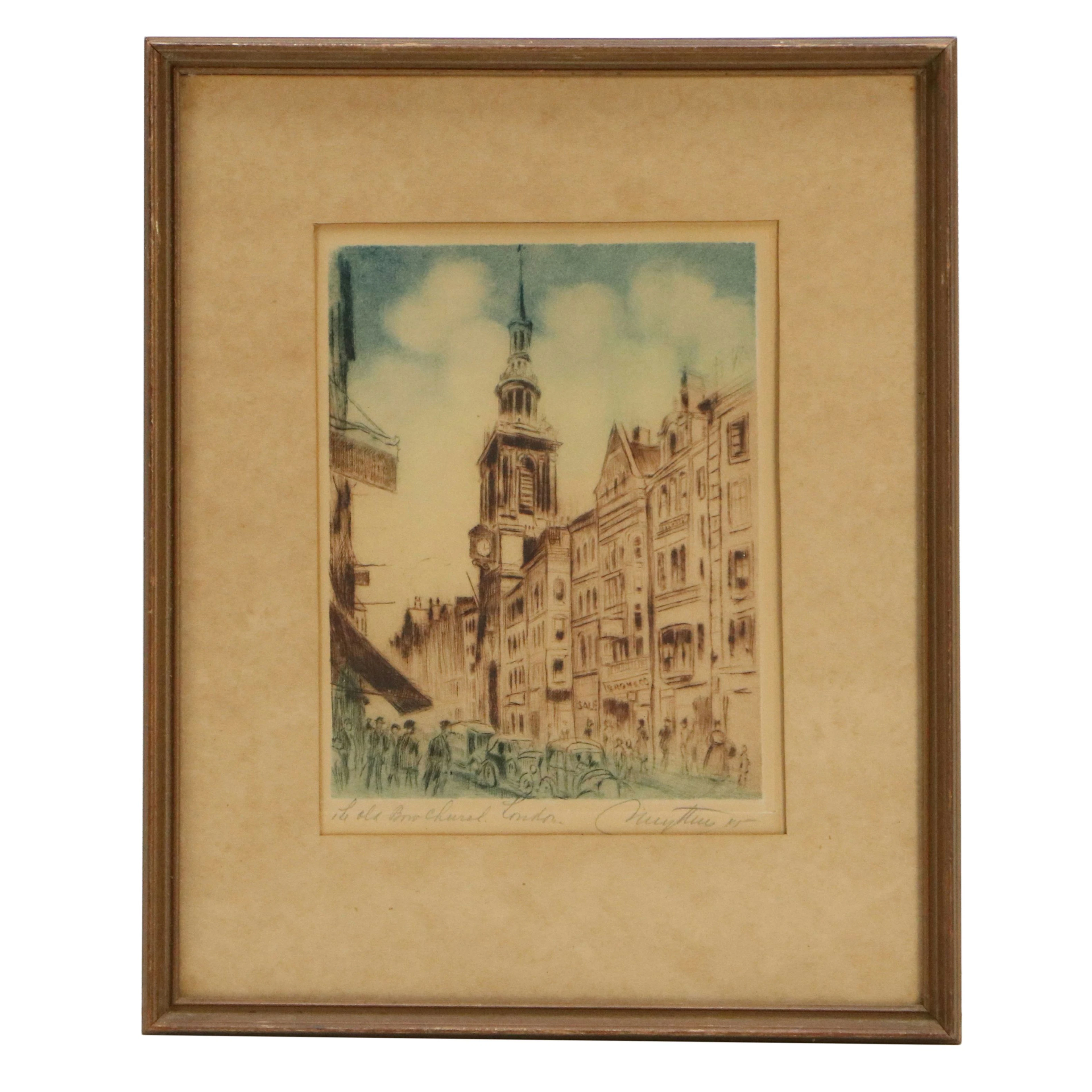 Josef Pierre Nuyttens Etching à la Poupée "The Old Bow Church," 1945