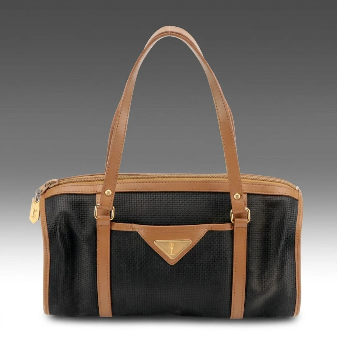 Yves Saint Laurent Woven Embossed Boston Bag with Leather Trim