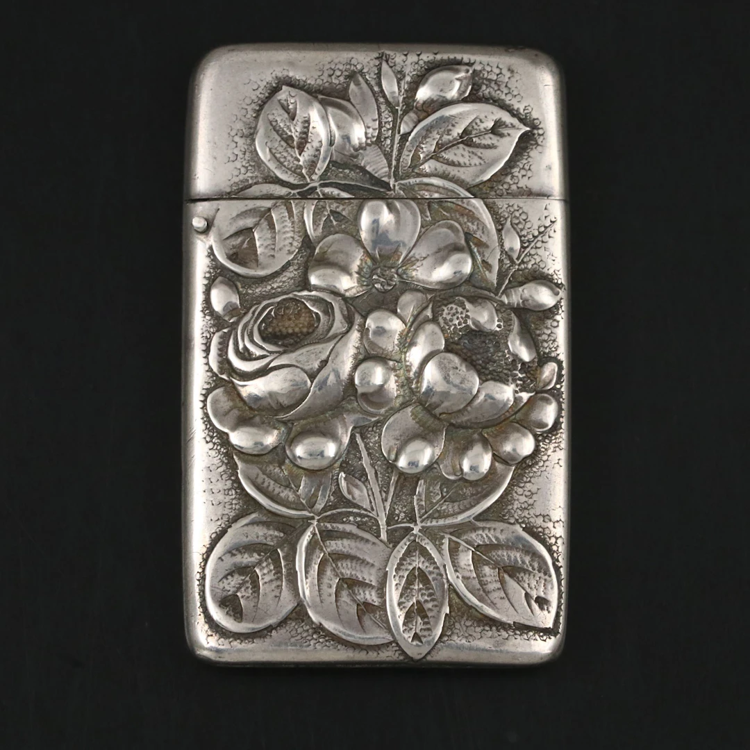 Repoussé Rose Sterling Silver Vesta, Vintage
