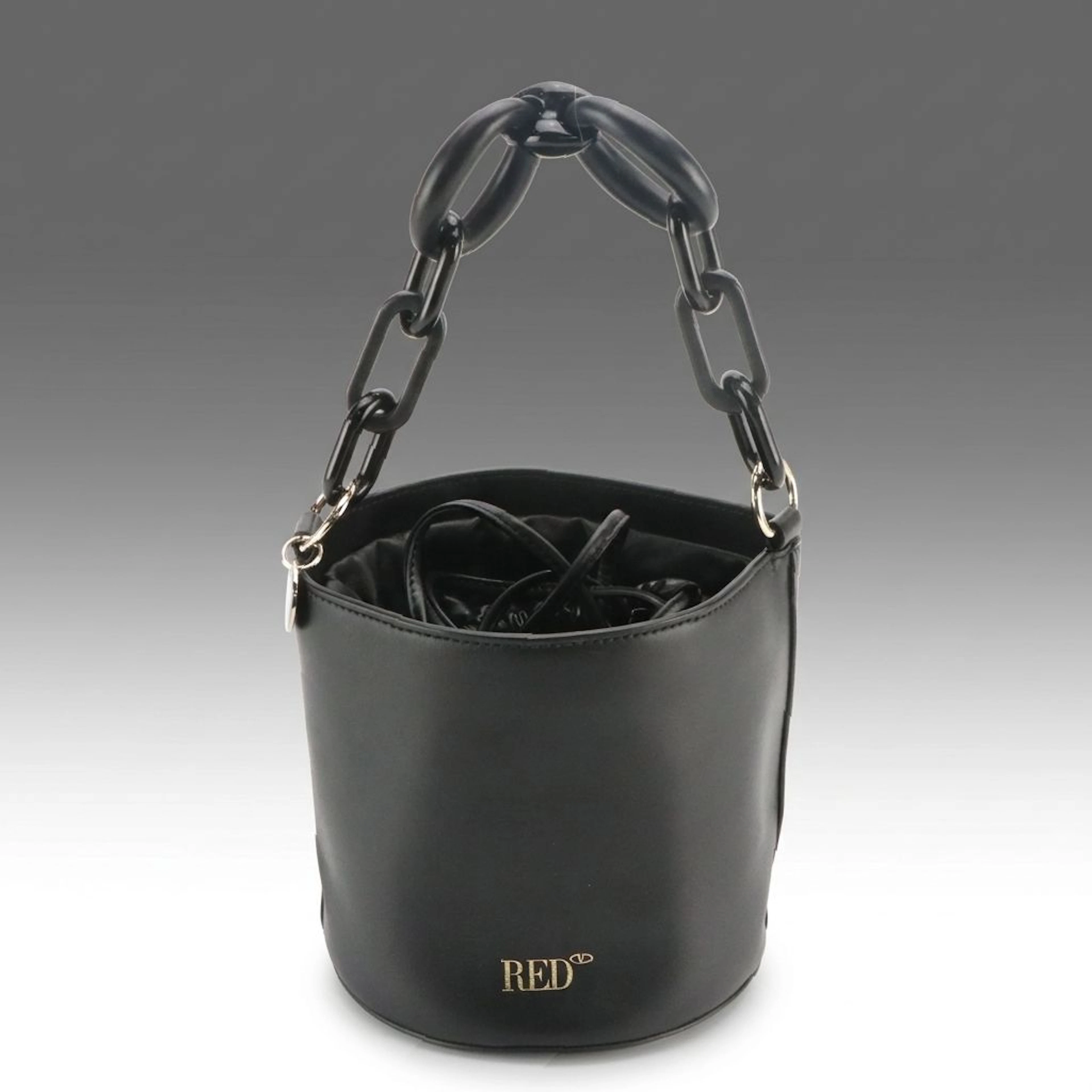 RED Valentino Black Leather Bucket Bag with Matte and Polished Chain