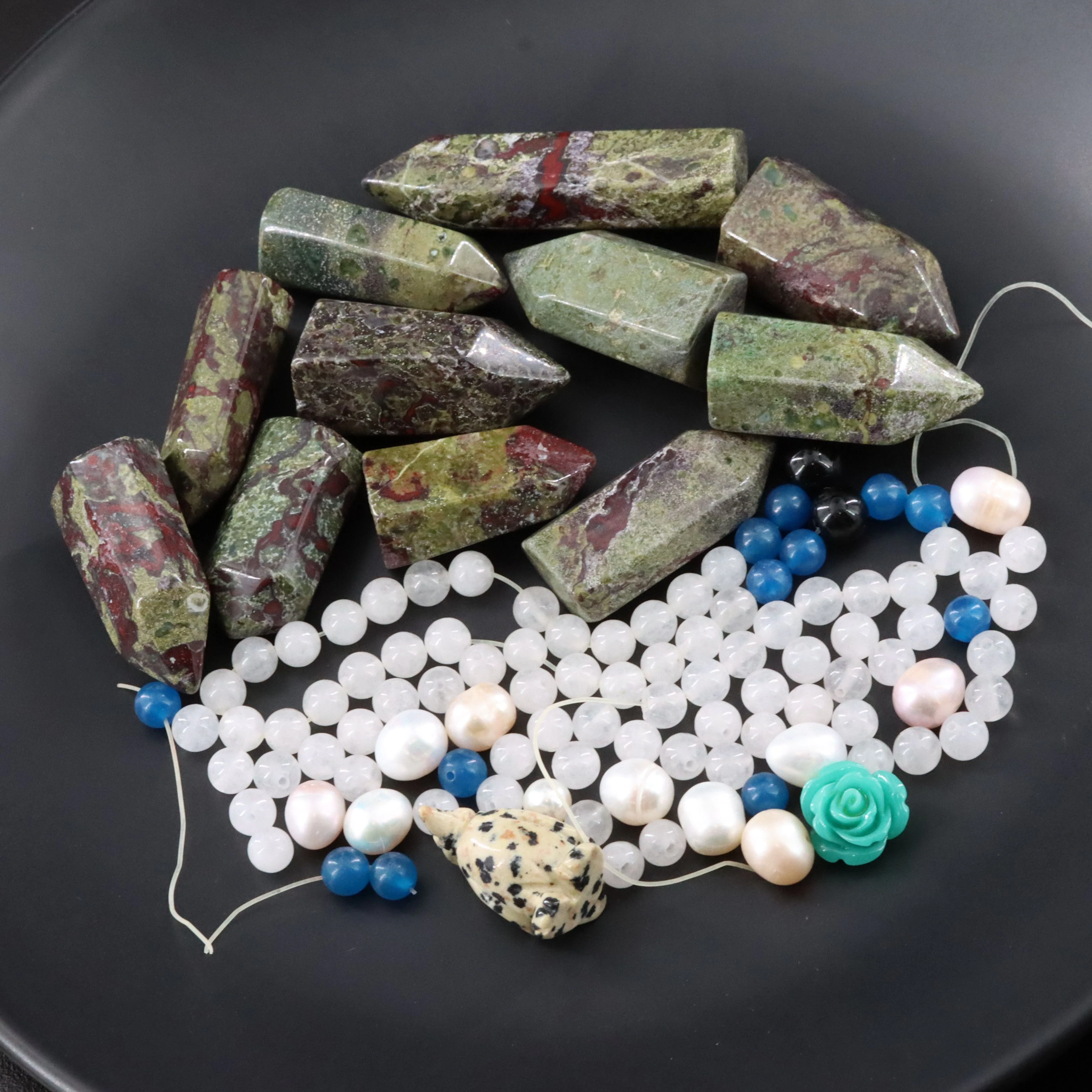 Gemstone Lot Featuring Dragon's Blood Obelisks, Dalmation Stone and Pearls