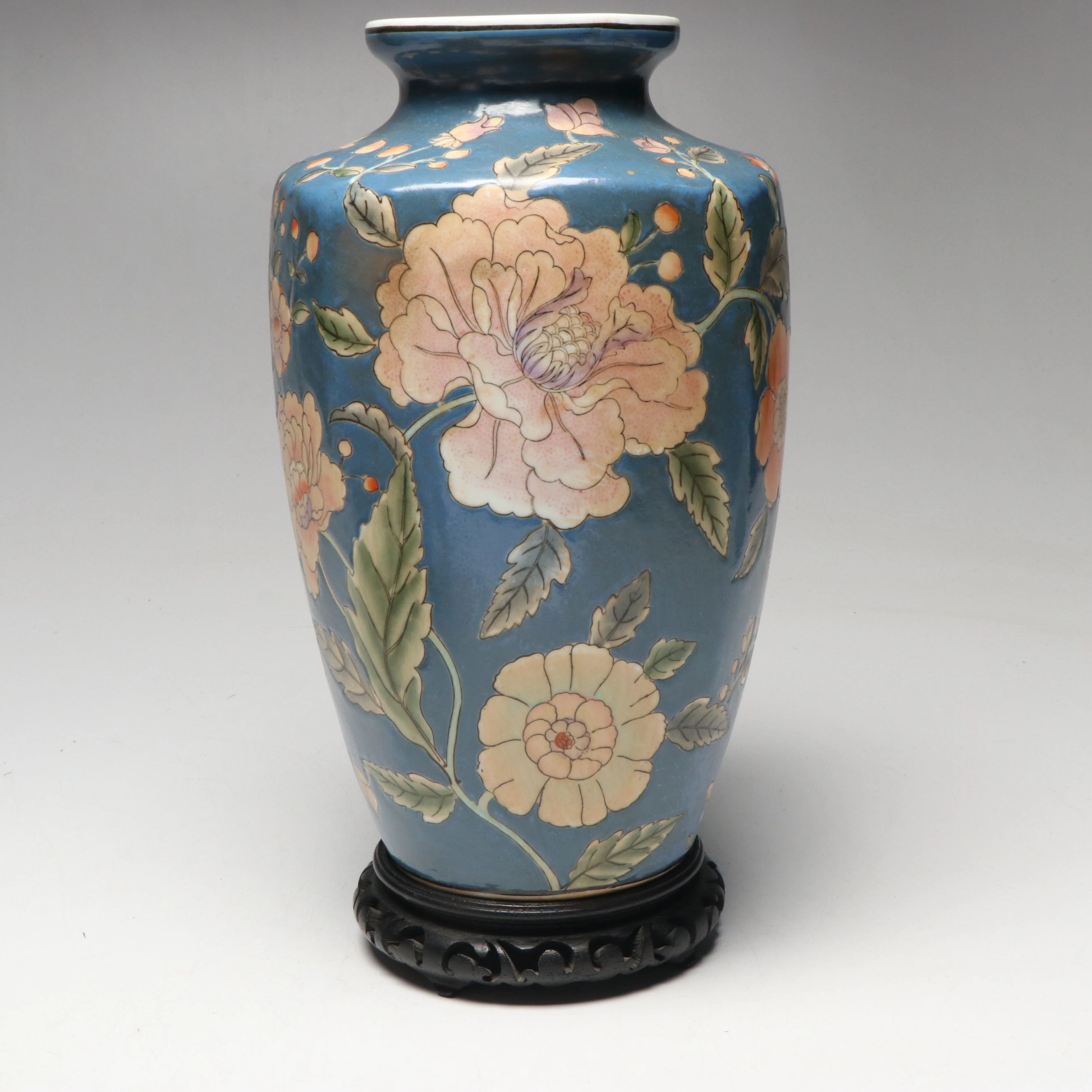 Japanese Floral Decorated Porcelain Vase with Wood Stand