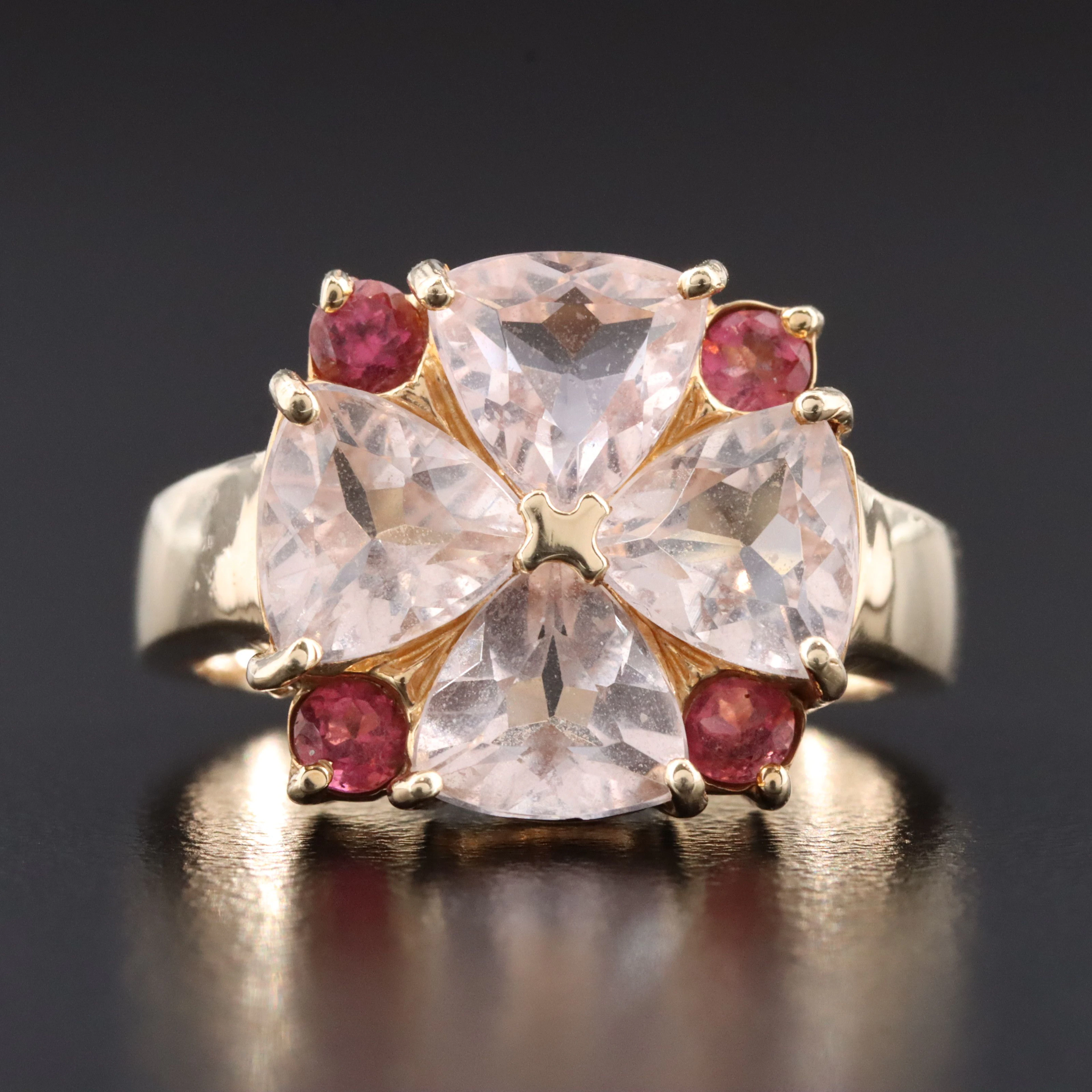 14K Clover Style Morganite and Tourmaline Ring