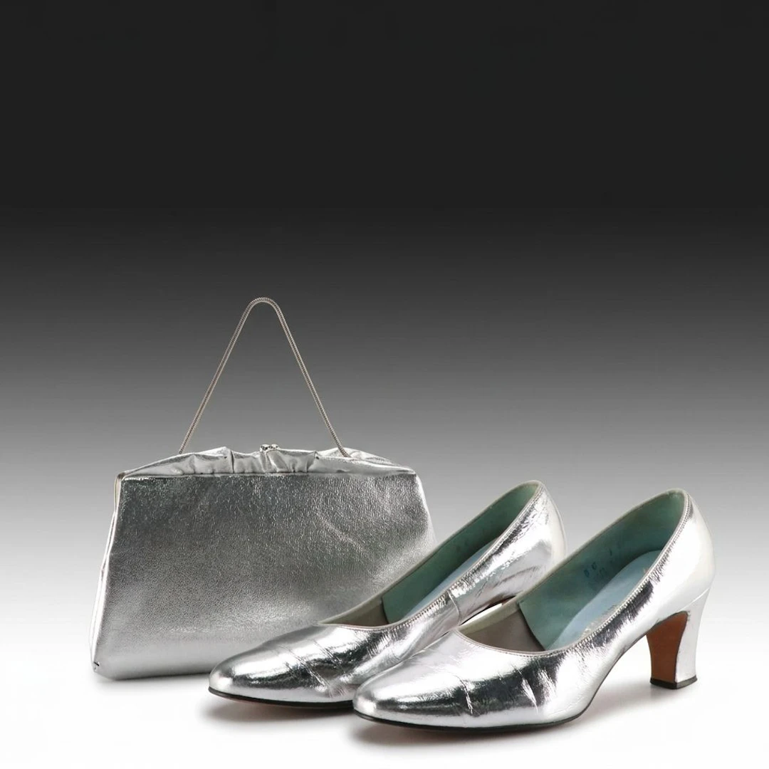 O'Connor & Goldberg Vintage Silver Metallic Leather Pumps with Other Clutch Bag