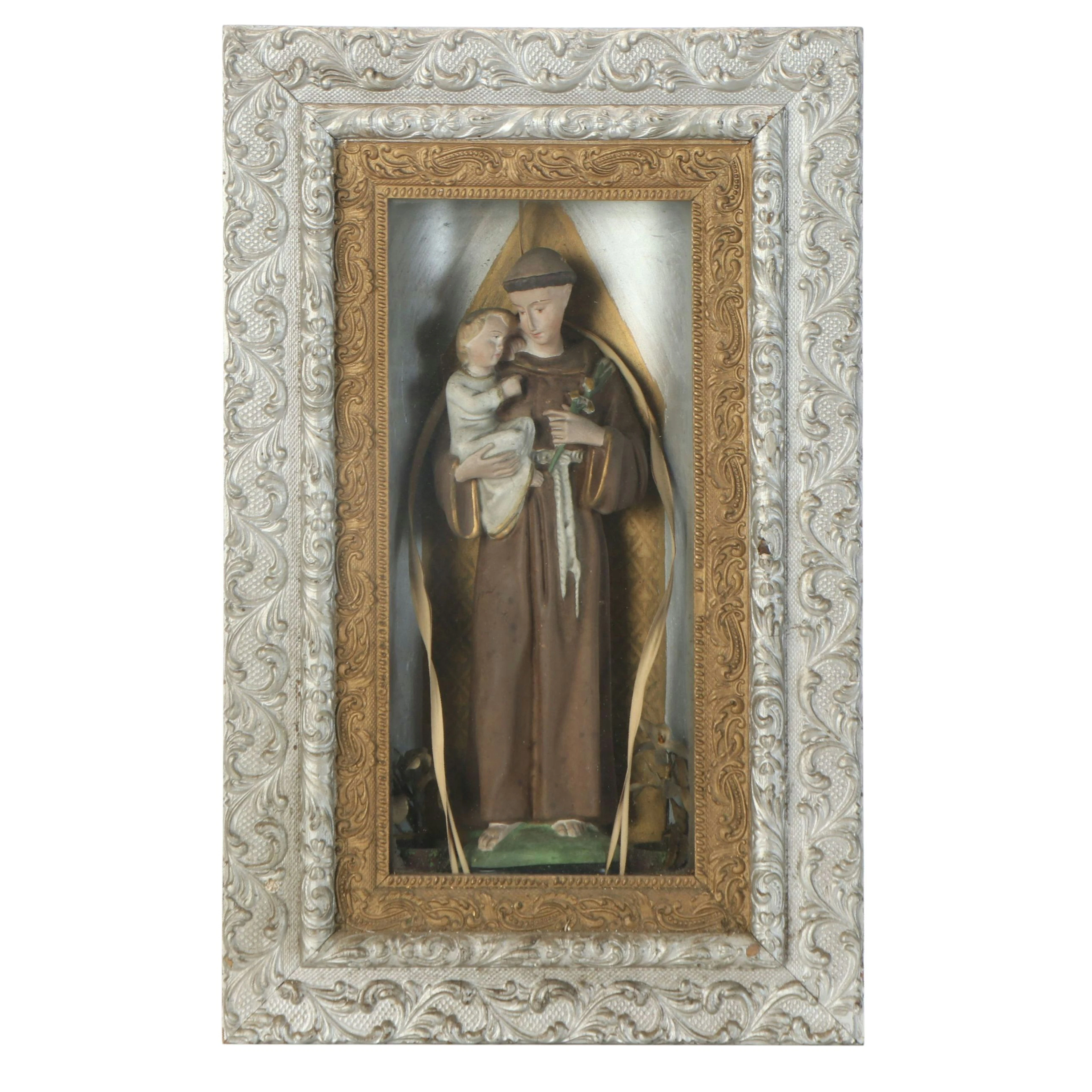 Ceramic Saint Anthony of Padua Holding the Christ Child with Palm Frond Shrine