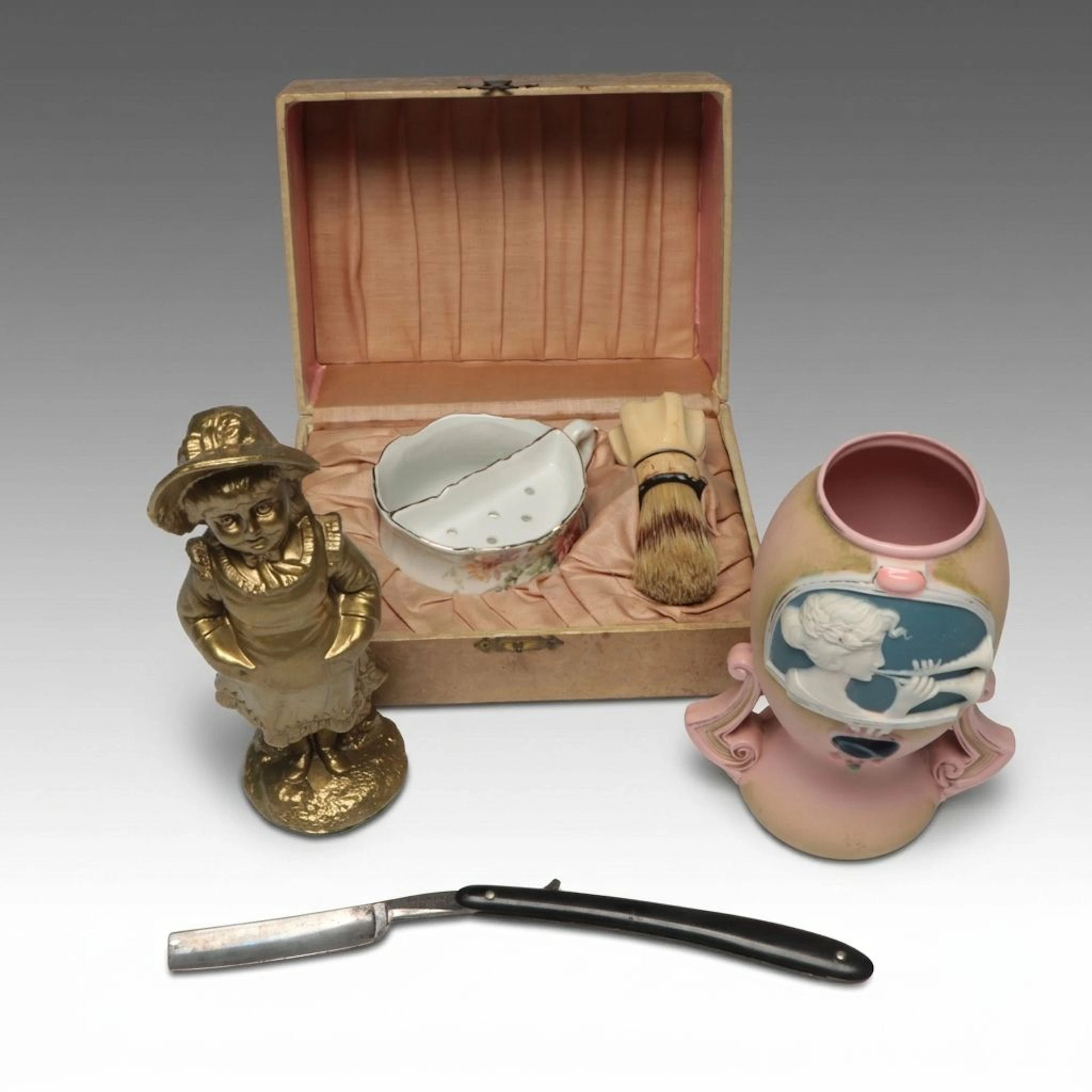 Schafer & Vater Art Nouveau Jasperware Vase with Grooming Kit and Figurine