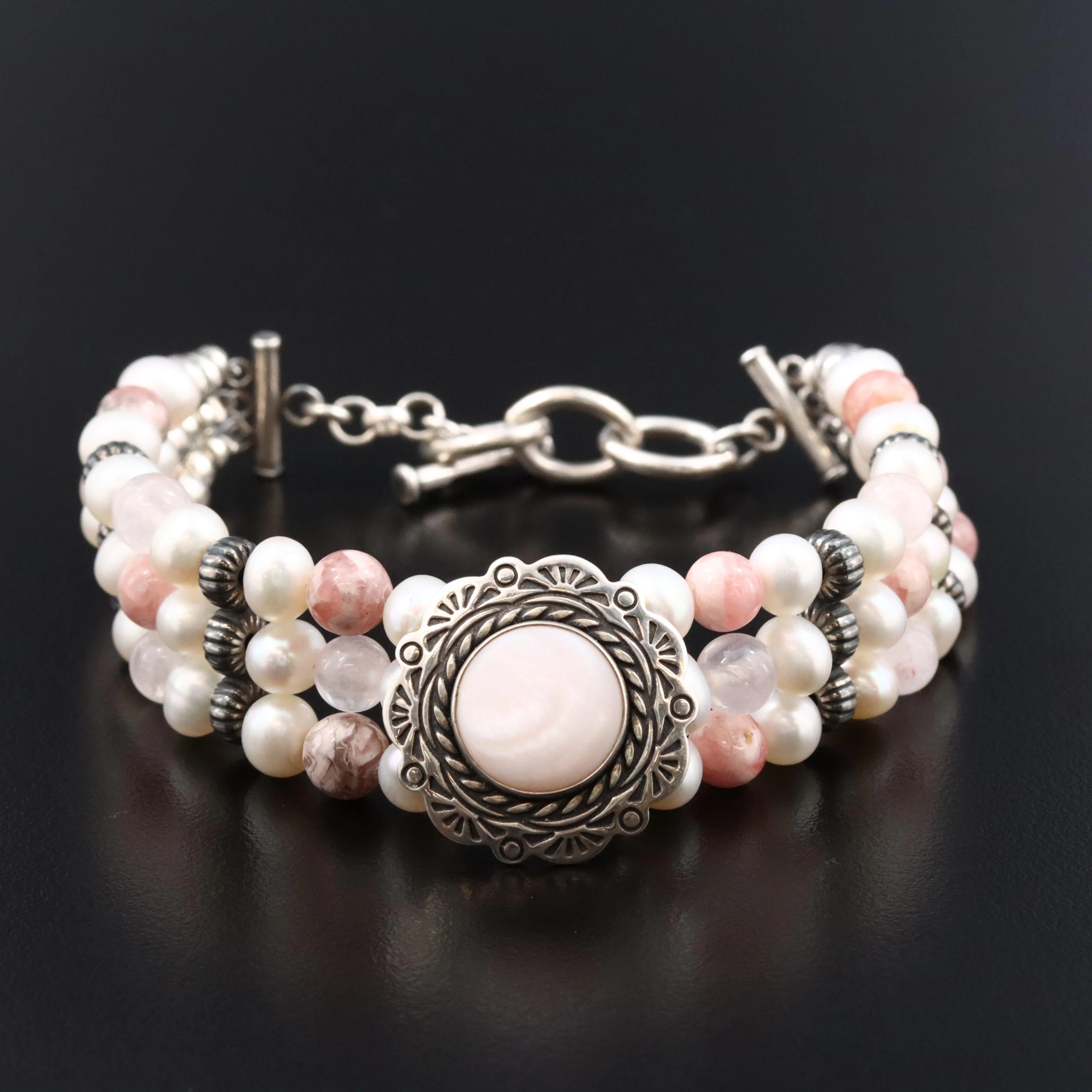 Relios Carolyn Pollack Sterling Pearl, Rhodochrosite, and Rock Crystal Bracelet