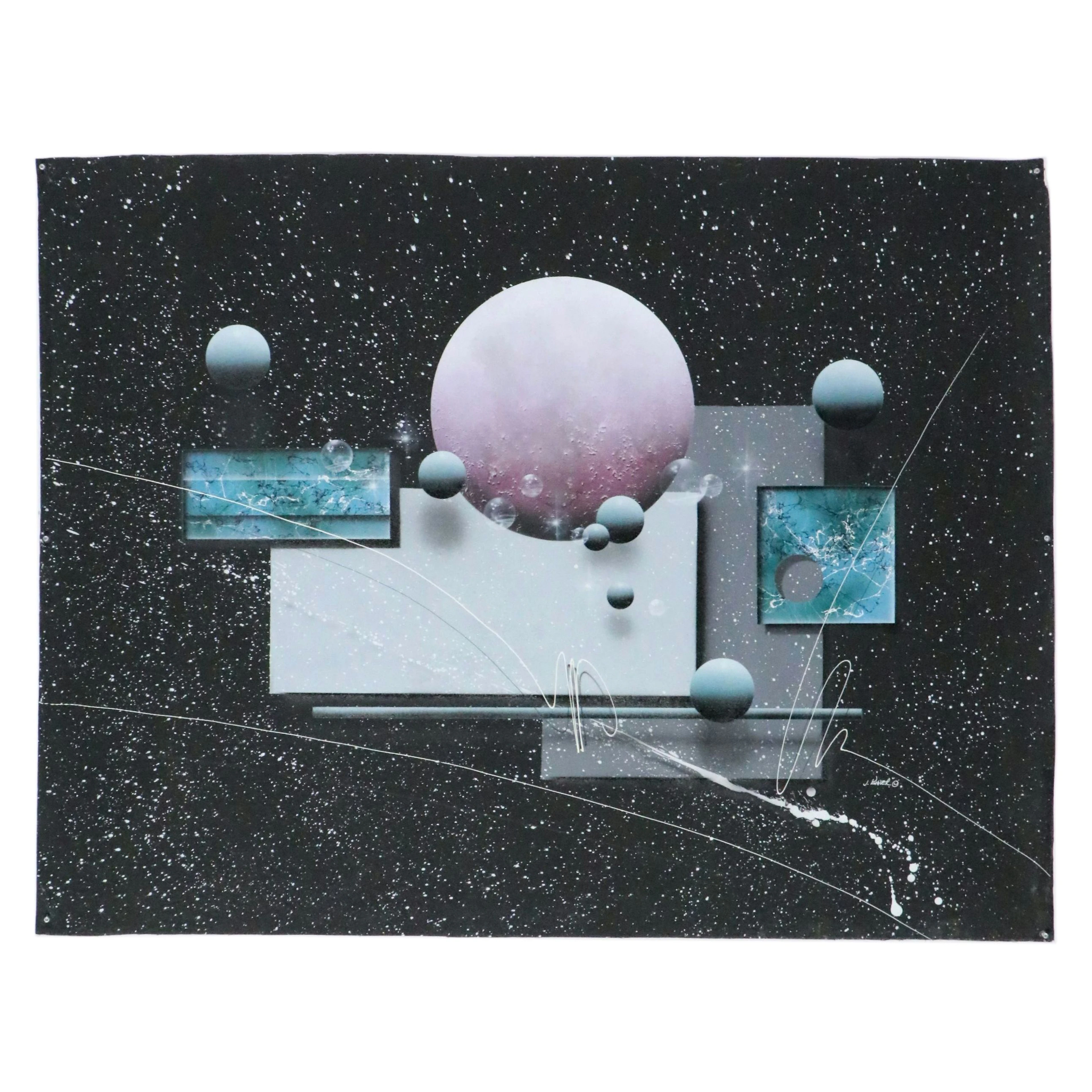 Josef Kugler Surreal Cosmic Landscape Mixed Media Painting, Late 20th Century
