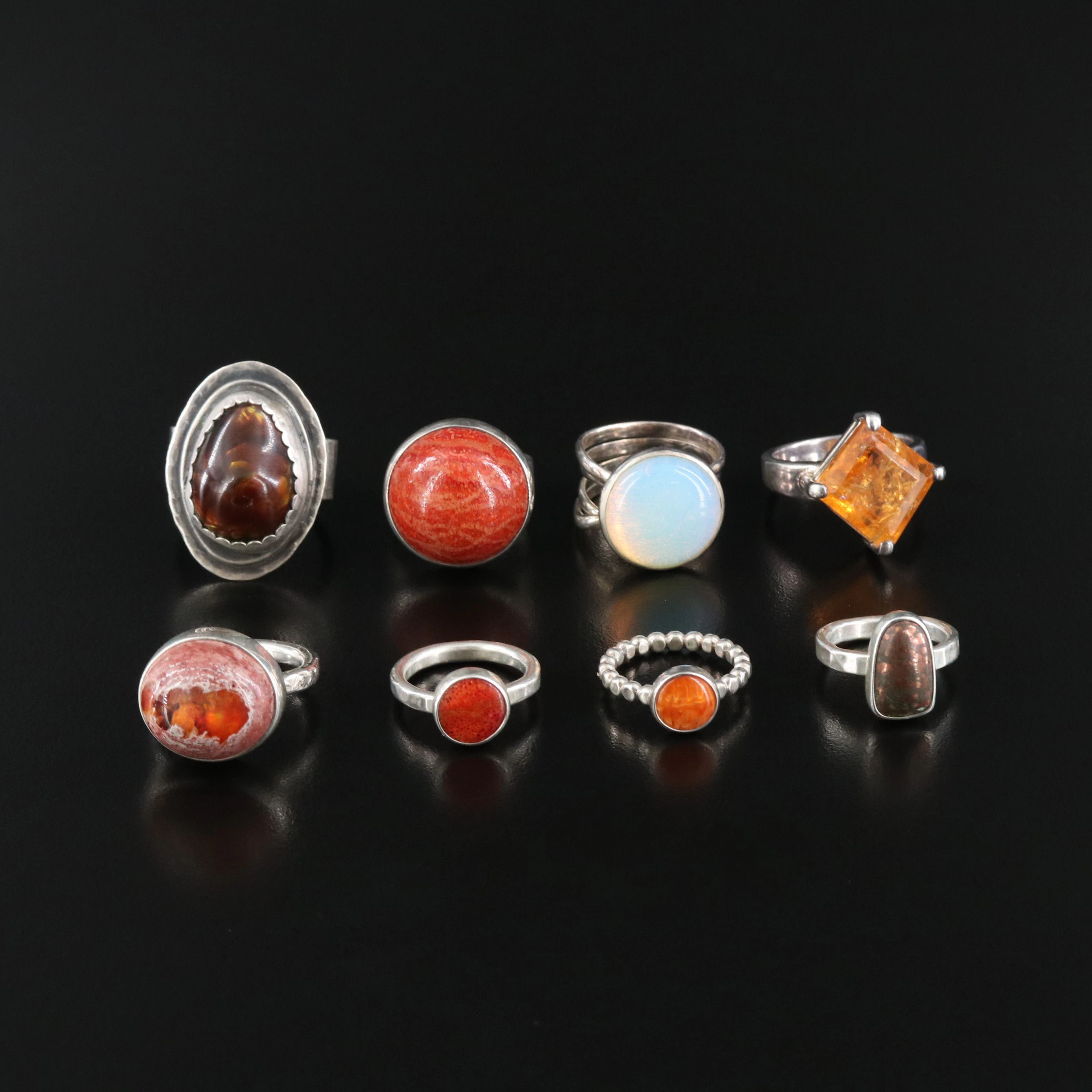 Coral and Fire Agate Featured in Sterling Ring Collection