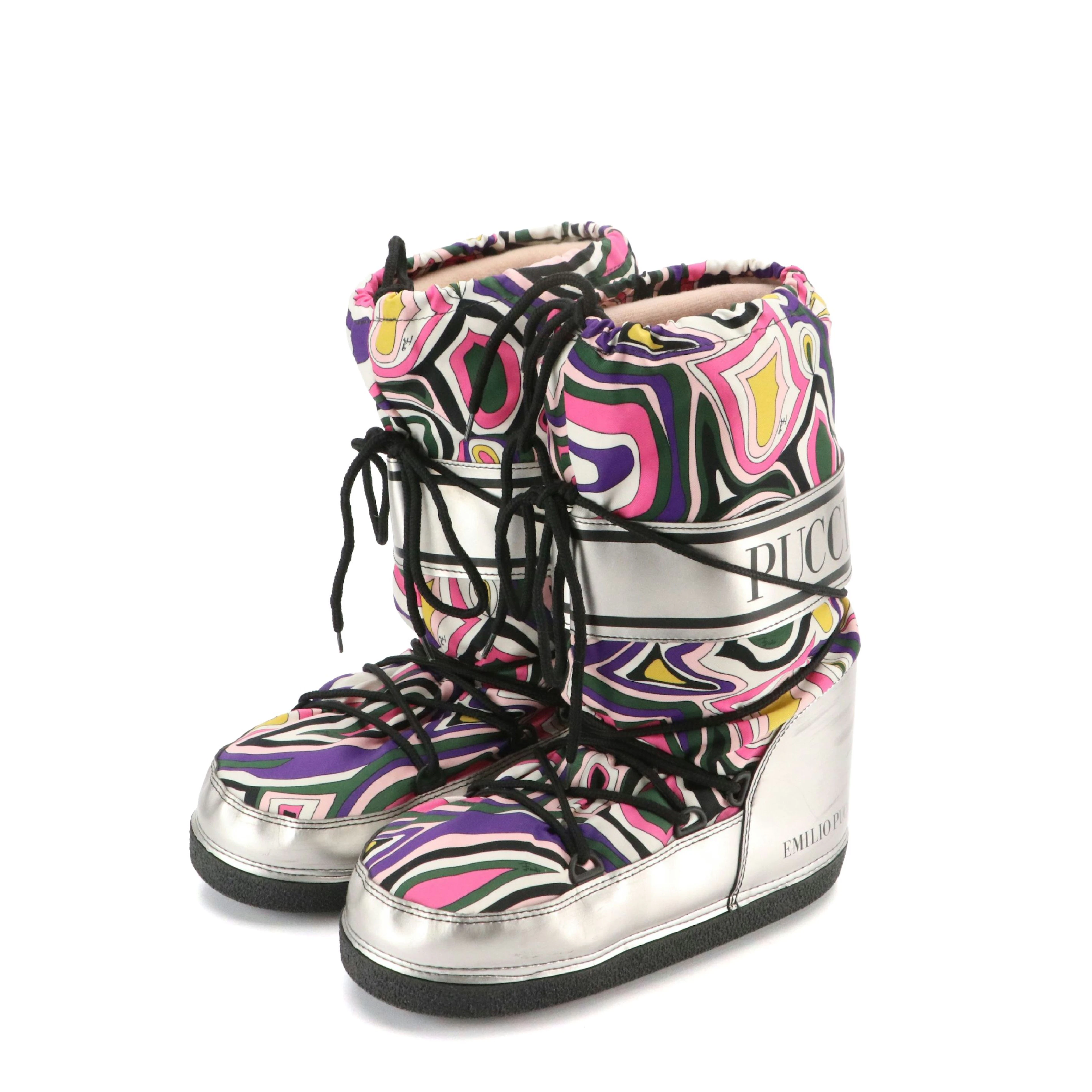 Emilio Pucci Abstract Print and Metallic Silver Faux Leather Snow Boots