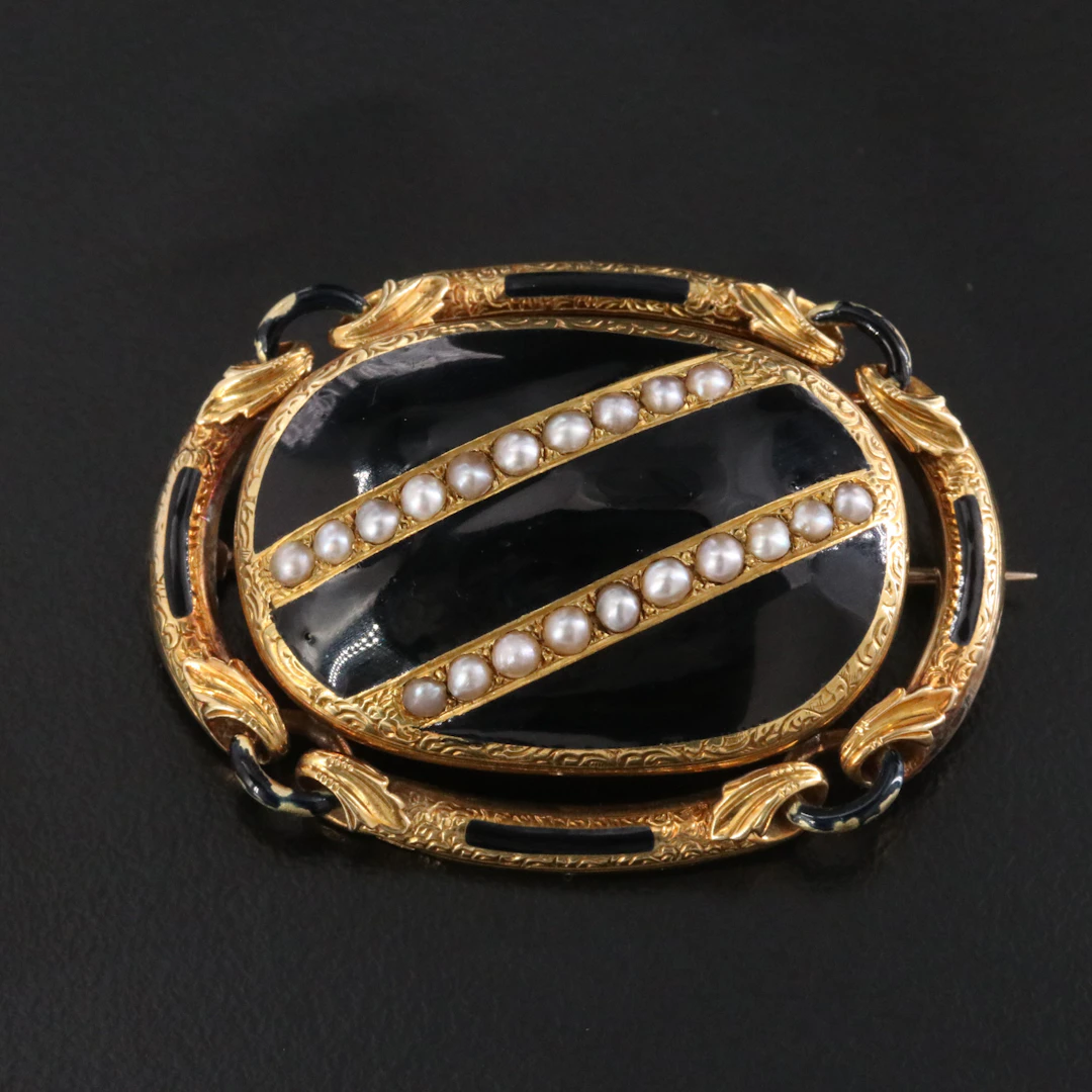 Victorian Mourning 14K Seed Pearl and Enamel Brooch