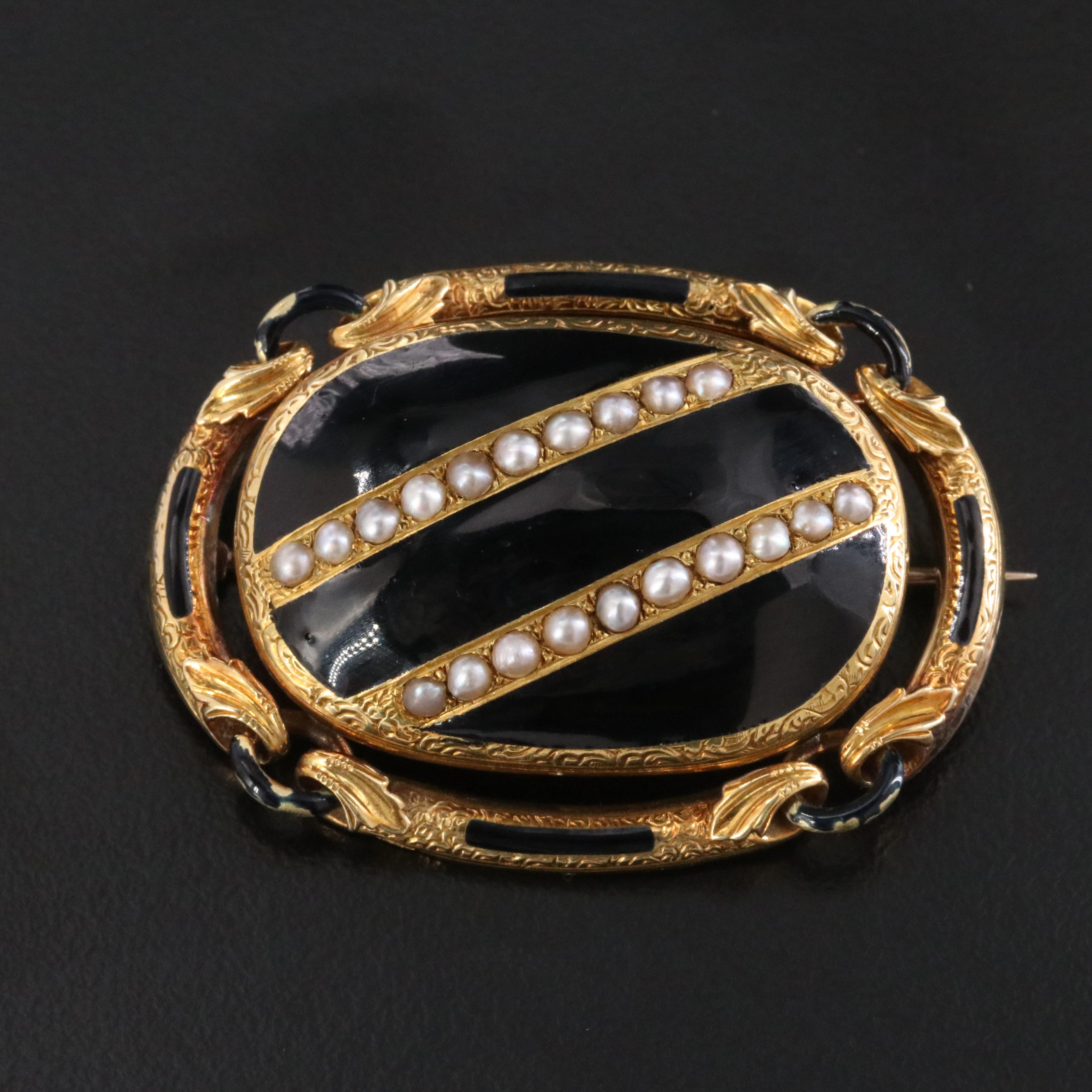 Victorian Mourning 14K Seed Pearl and Enamel Brooch