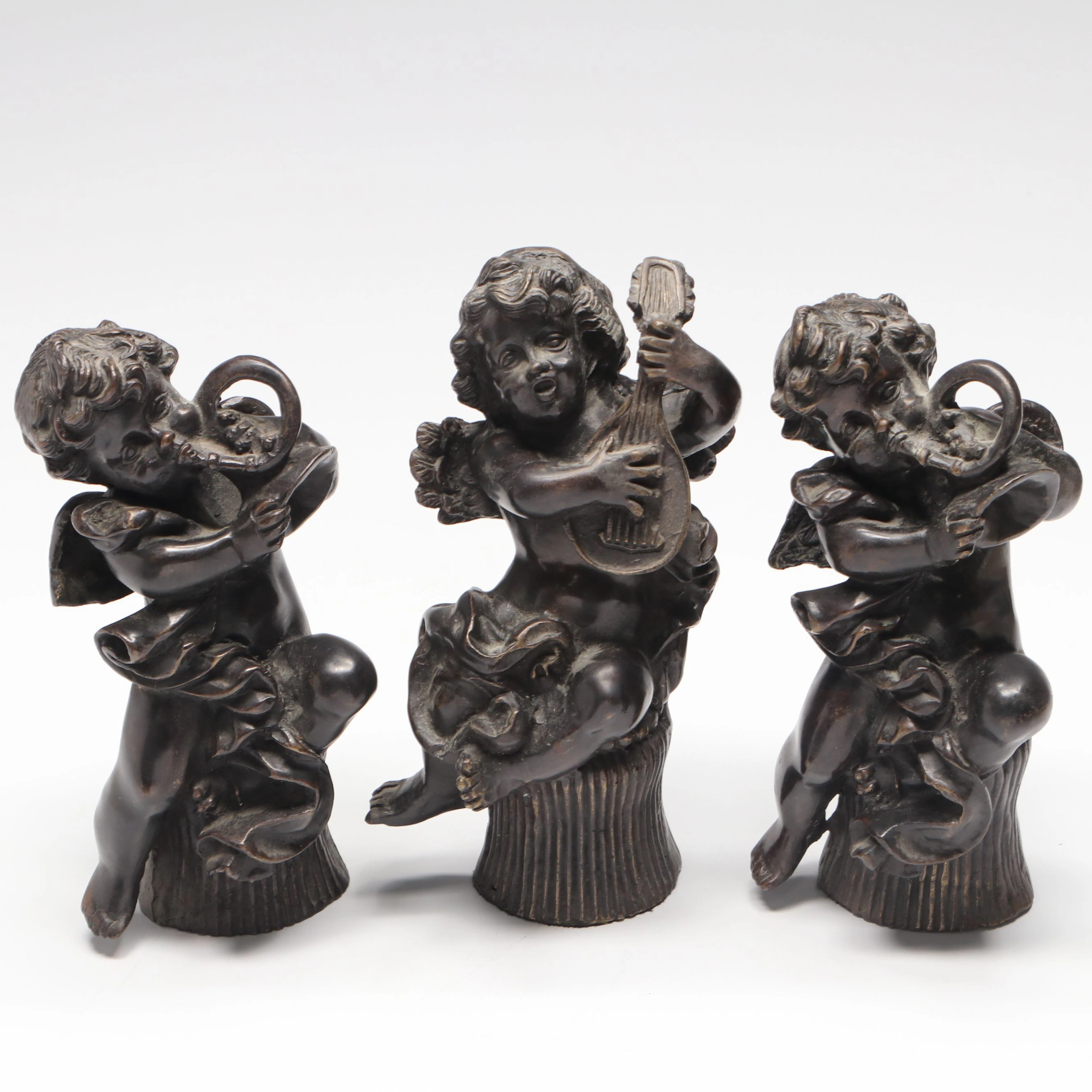 Cherubs Playing Musical Instruments Patinated Bronze Figures