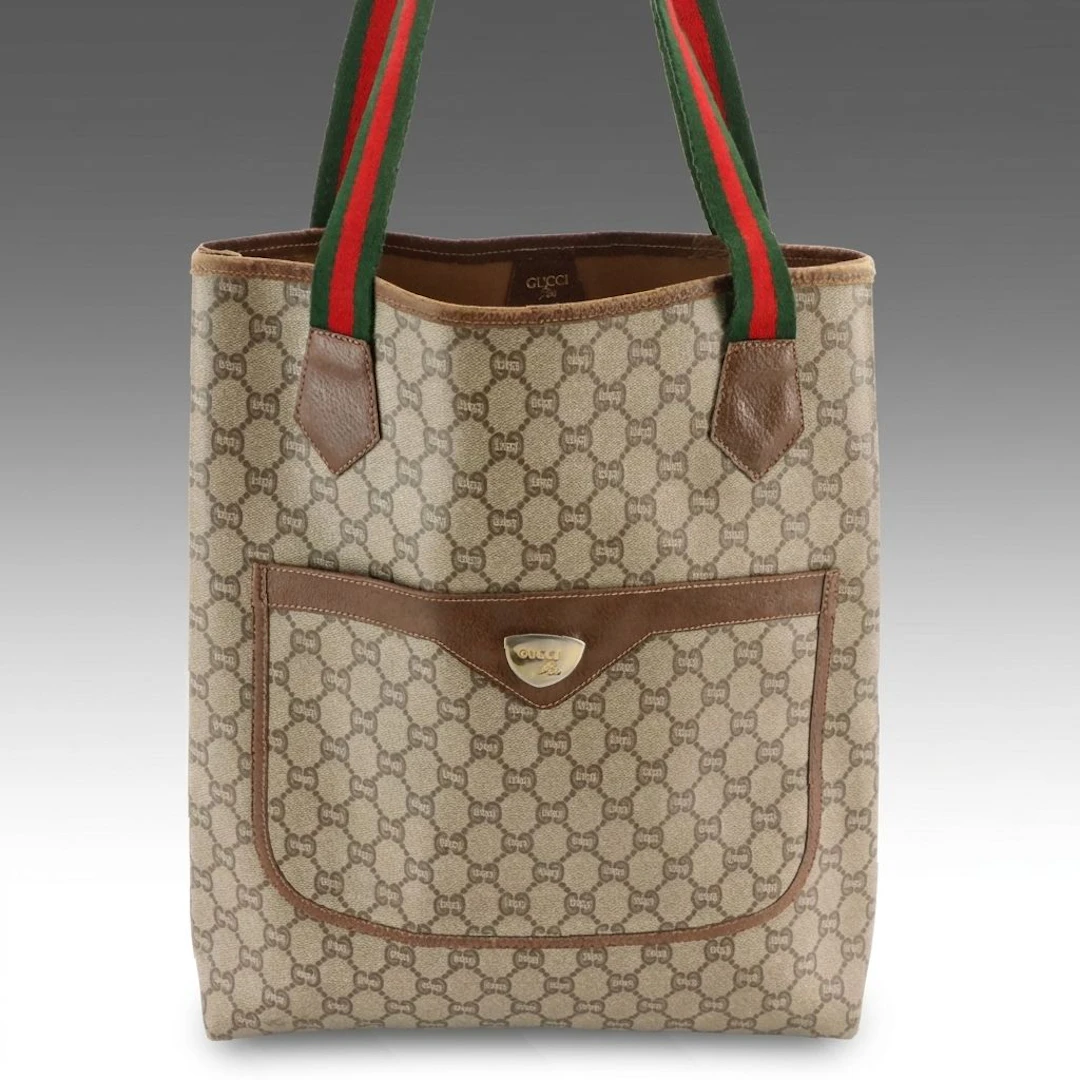 Gucci Plus Striped Handle Tote Bag in Logo Coated Canvas, Vintage