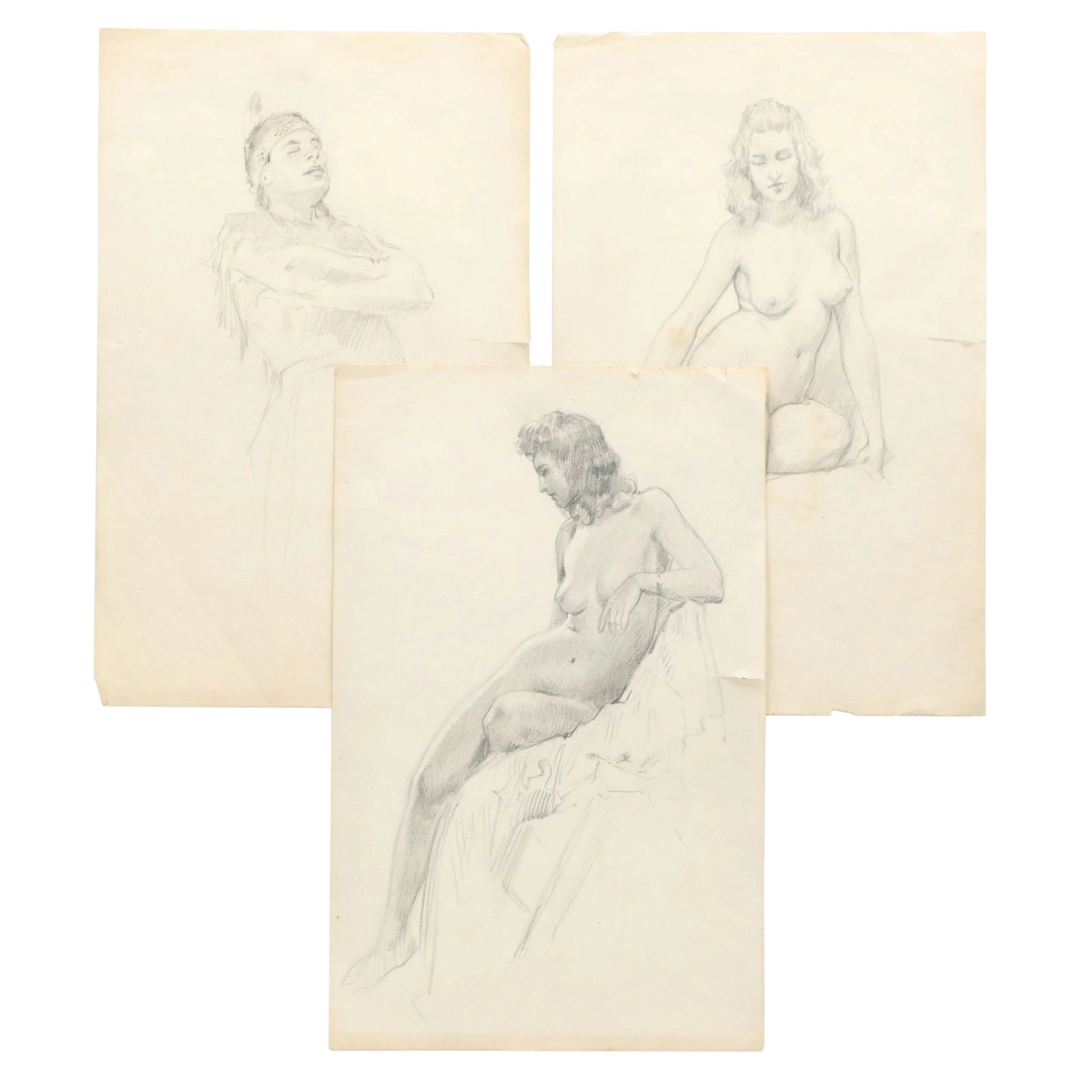American School Figural Graphite Drawings, 20th Century