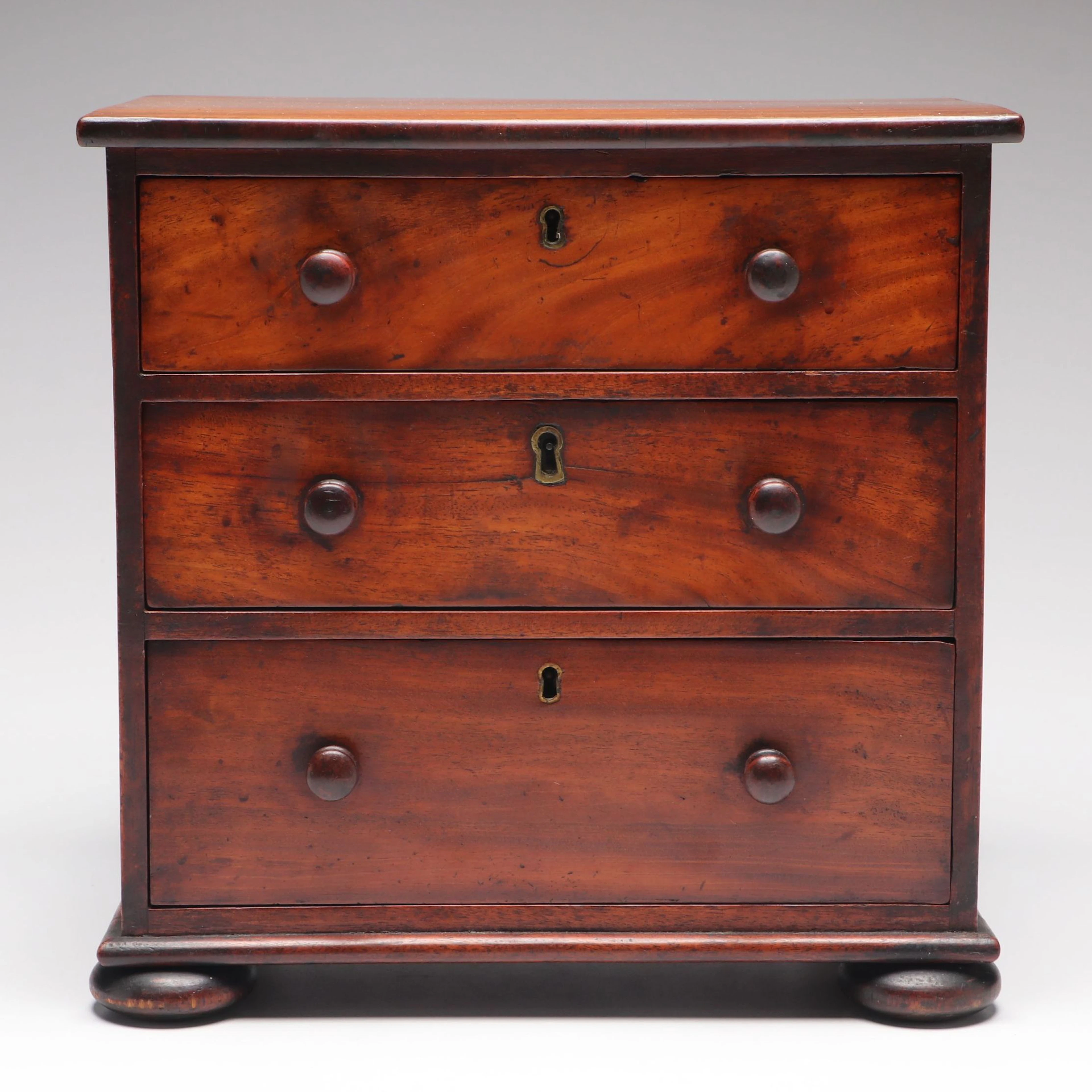 English Mahogany Three-Drawer Miniature Chest, 19th Century