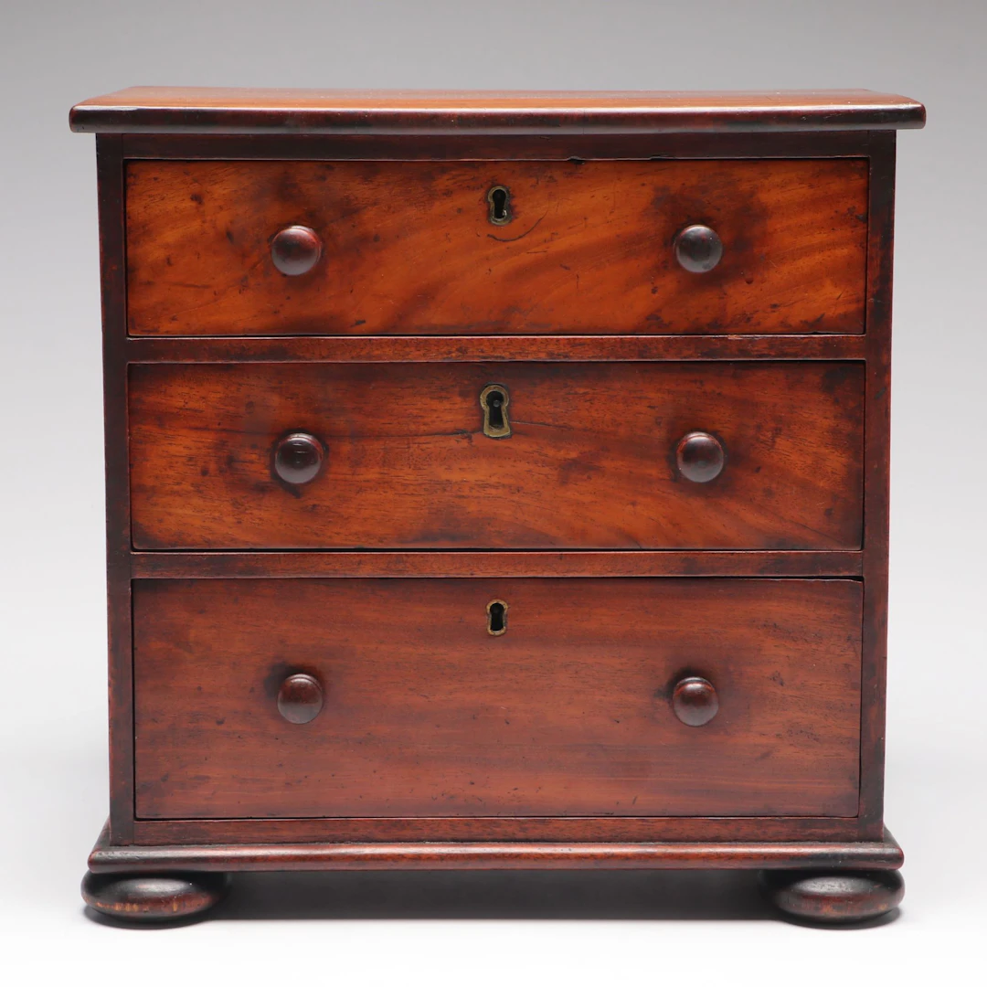 English Mahogany Three-Drawer Miniature Chest, 19th Century