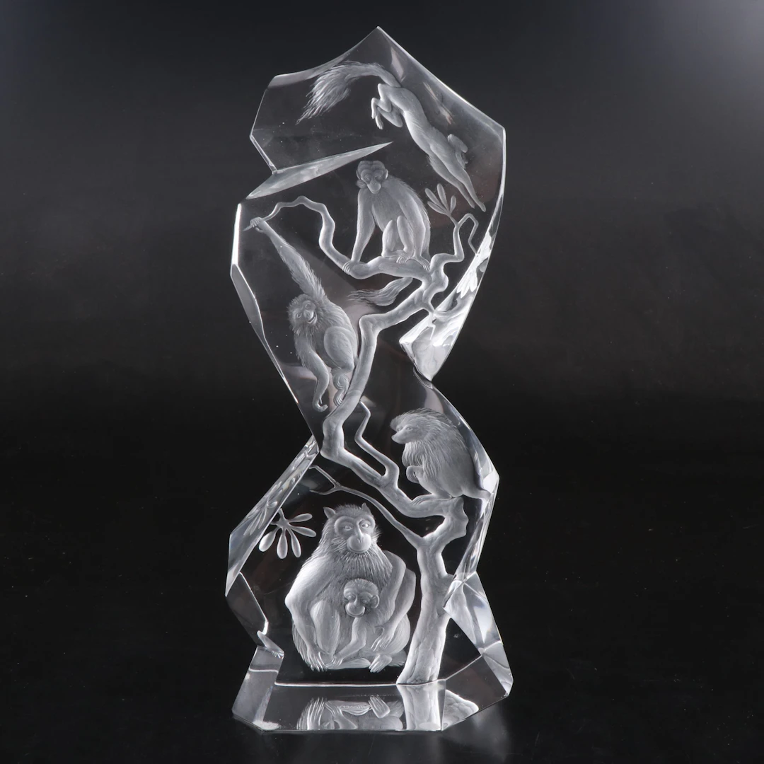 Luboš Metelák Moser Crystal "Monkies" Sculpture with Signed Certificate, 1974