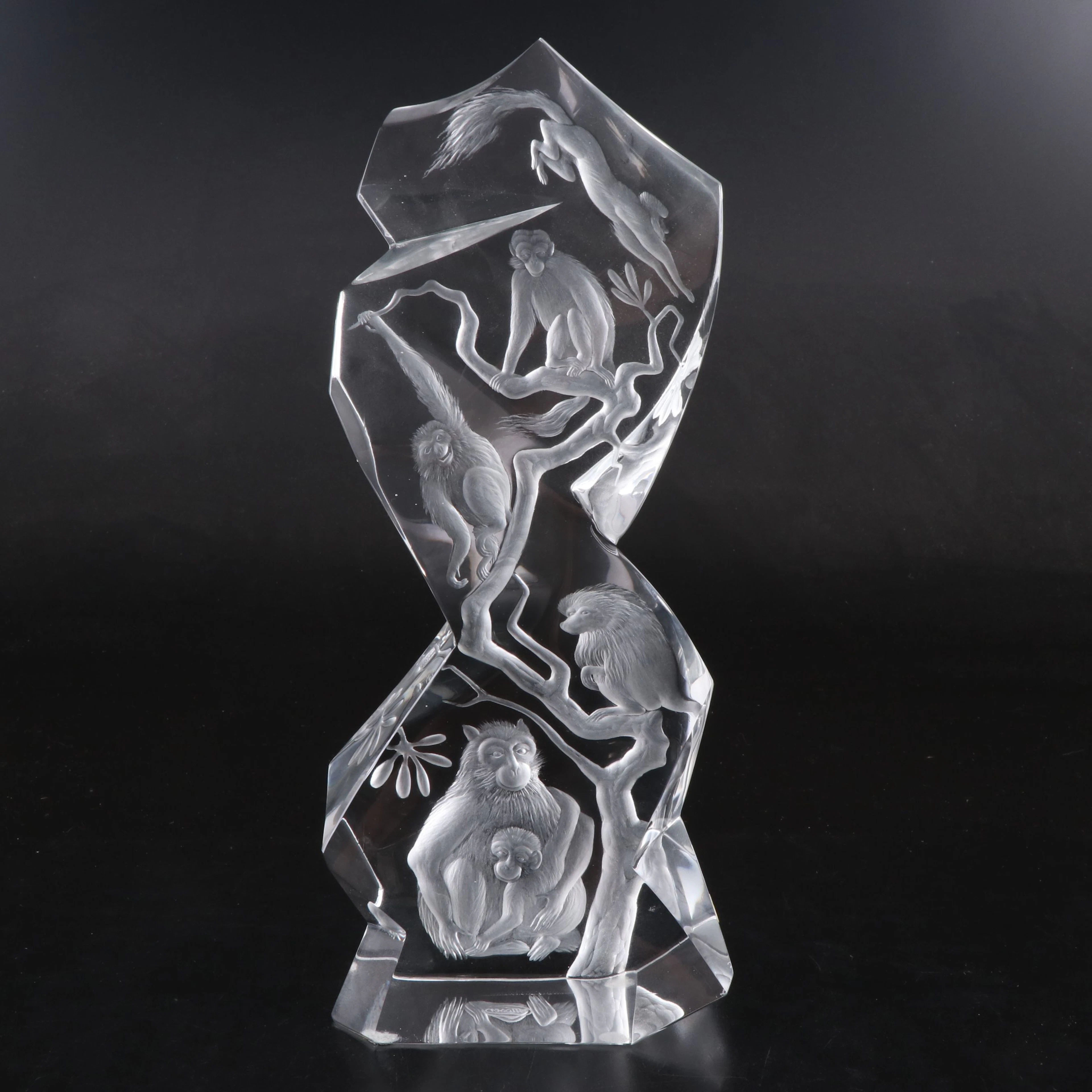 Luboš Metelák Moser Crystal "Monkies" Sculpture with Signed Certificate, 1974