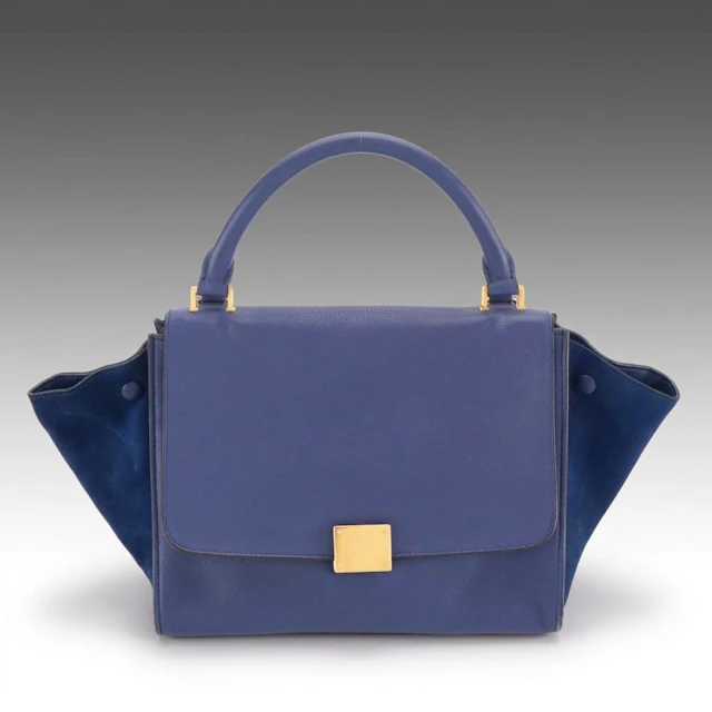Céline Small Trapeze Two-Way Bag in Blue Grained Calfskin Leather and Suede
